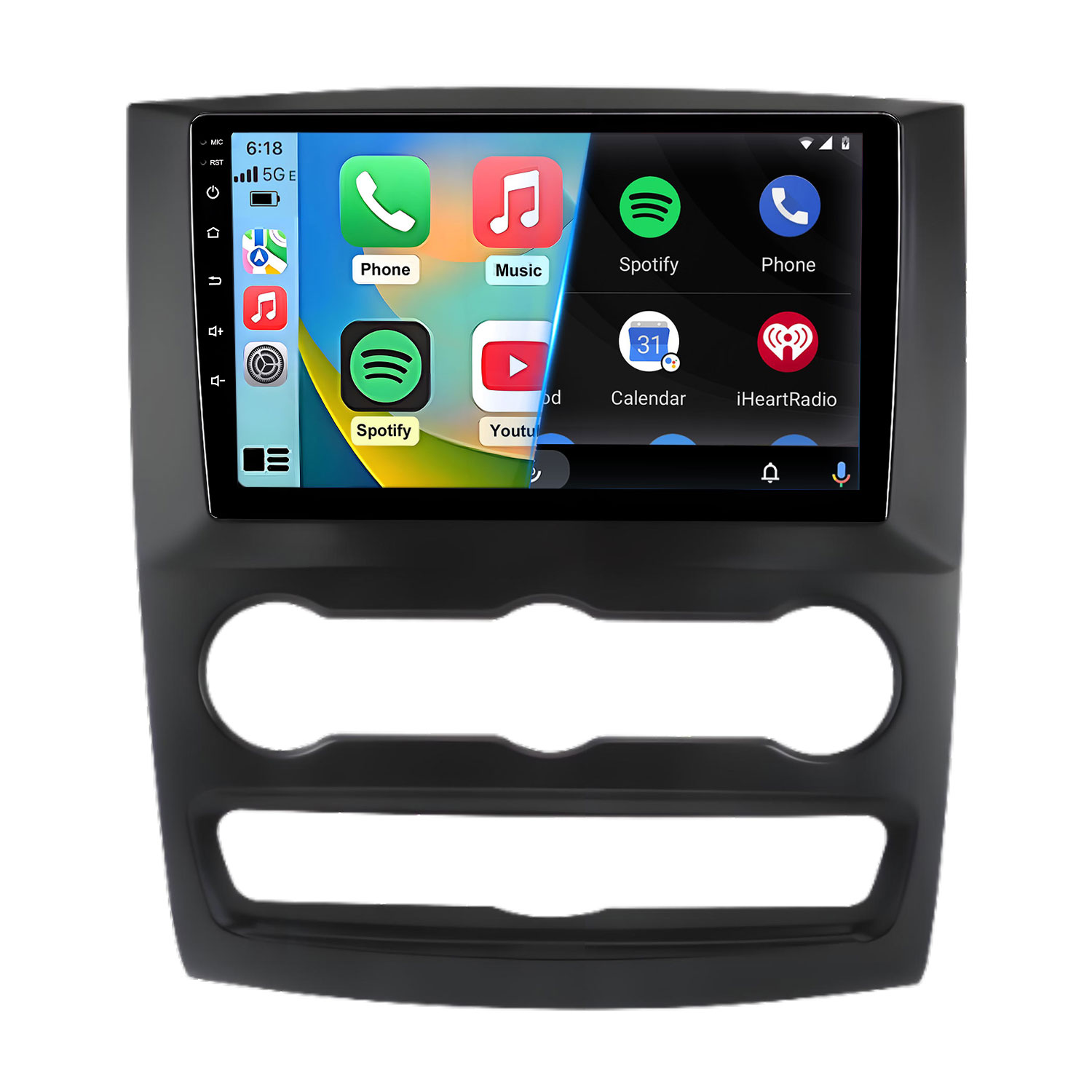 Auto-Infotainment-Bildschirm mit Apps: Telefon, Musik, Spotify, Kalender, YouTube.