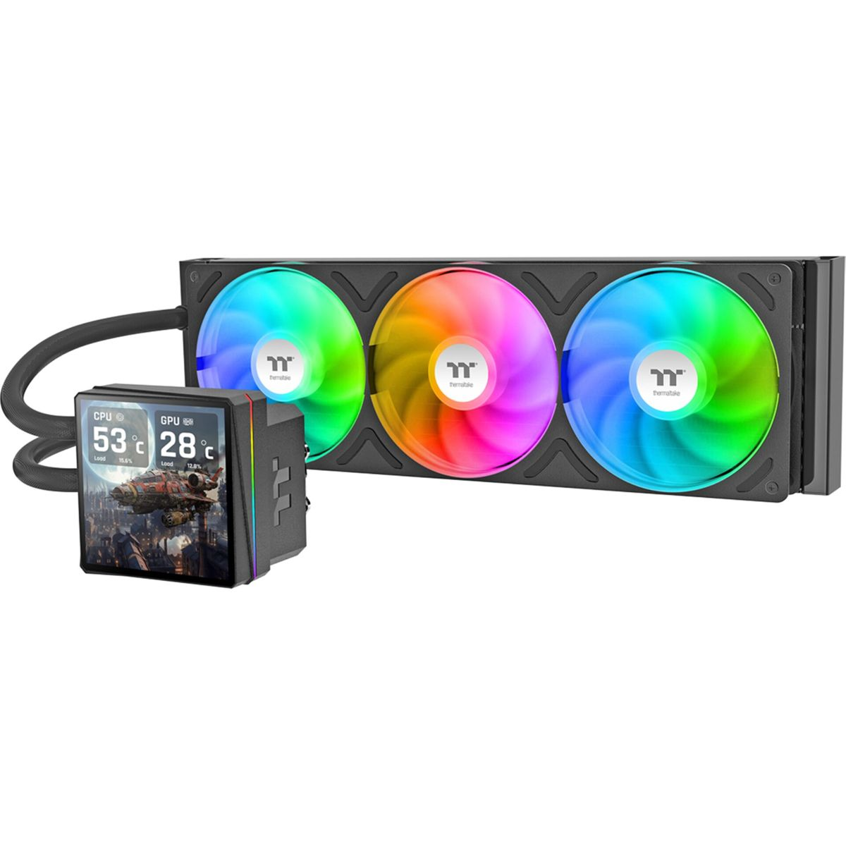 Een vloeistofkoeler voor computers met drie RGB-ventilatoren en een display dat CPU- en GPU-temperaturen toont.