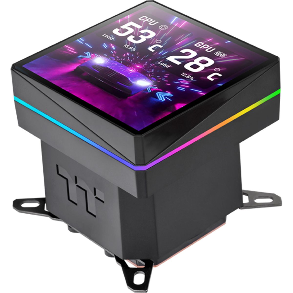Zwarte CPU-koeler met RGB-verlichting en LCD-scherm met autogegevens.