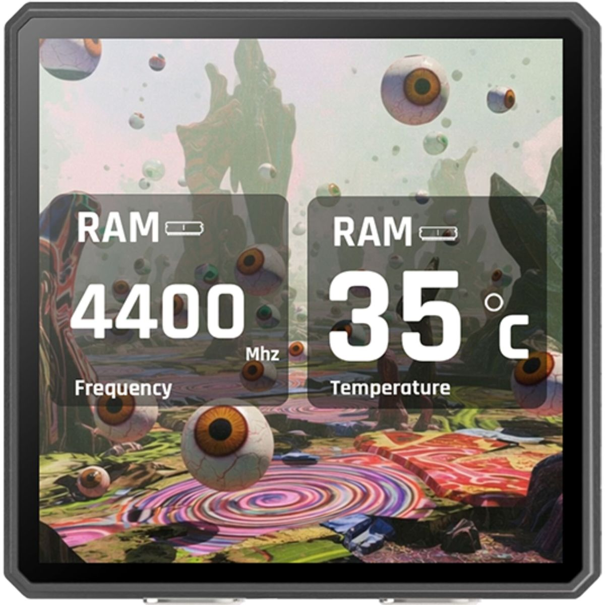 Scherm toont RAM 4400 Mhz Frequentie en RAM 35 C Temperatuur. Zwevende oogballen in surrealistisch landschap.