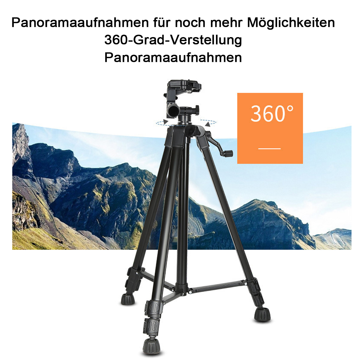 Ein schwarzes Stativ steht vor einer Berglandschaft mit 360-Grad-Grafik.