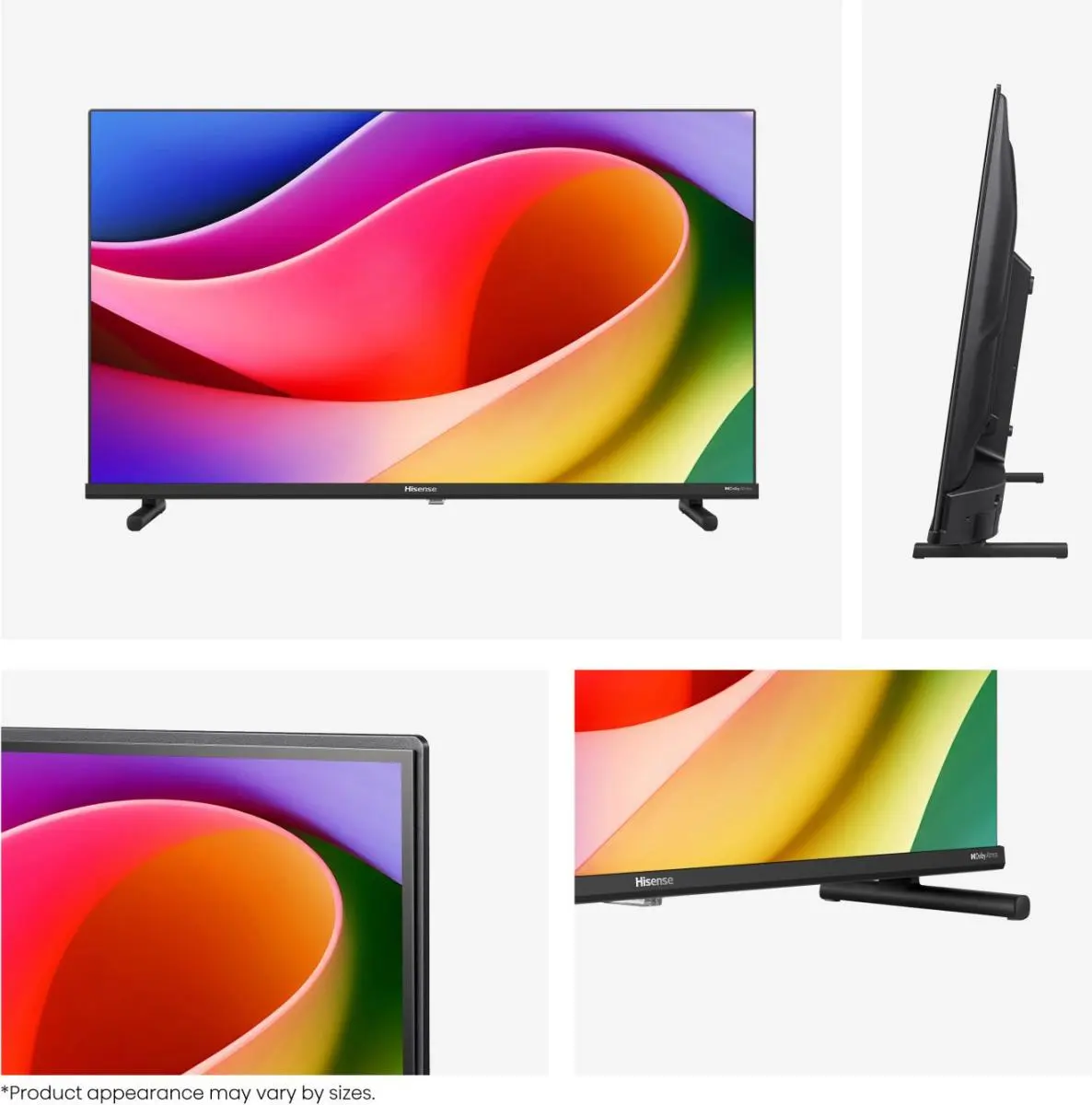 Una TV Hisense con uno sfondo colorato e un piedistallo nero.