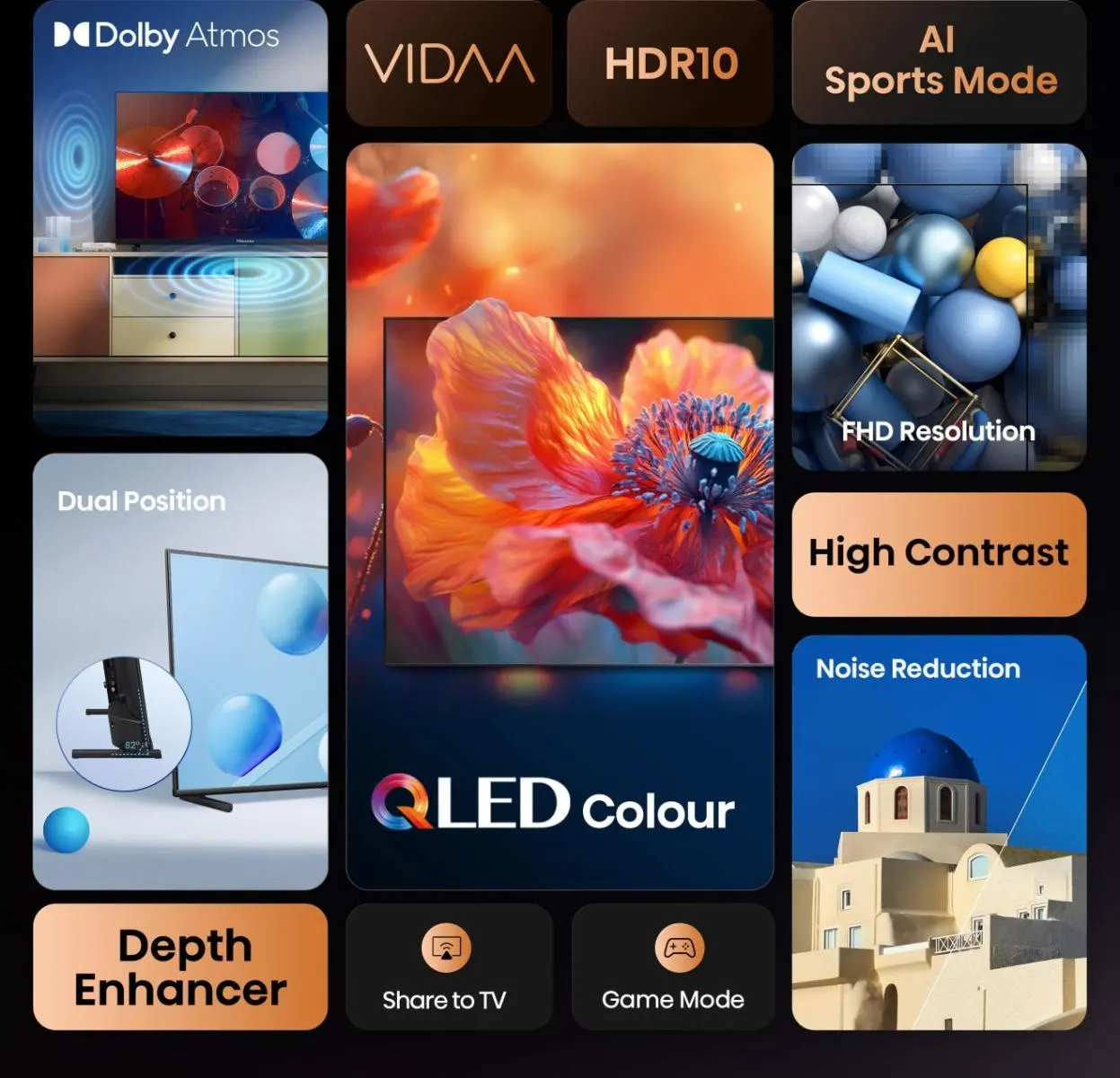 TV QLED con Dolby Atmos, VIDAA, HDR10 e modalità sport AI.