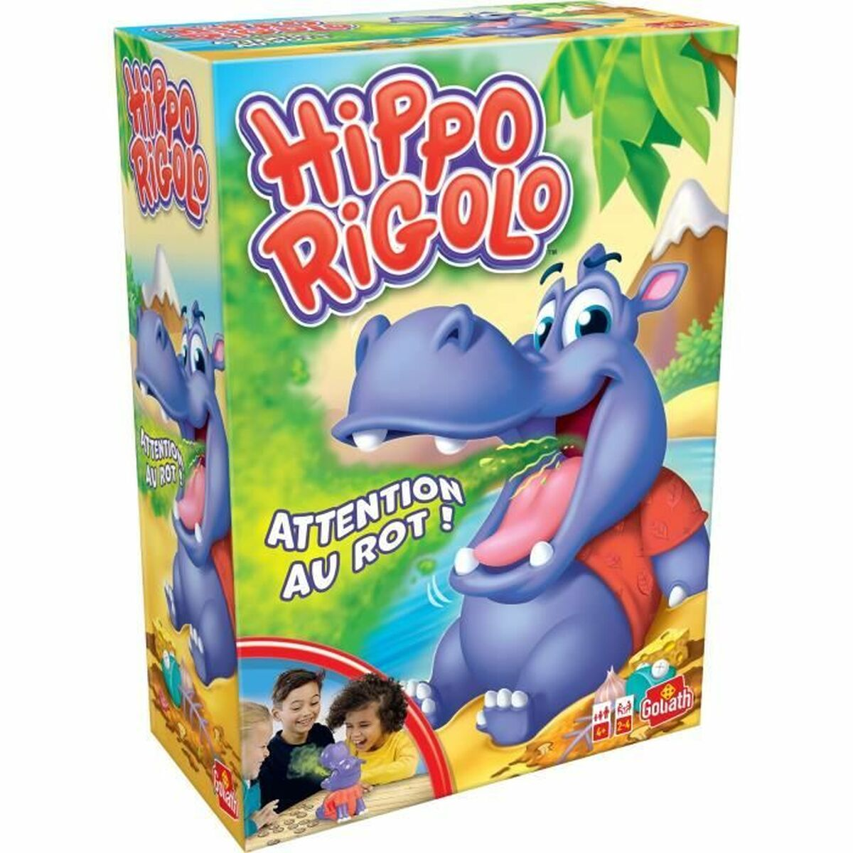 Scatola del gioco Hippo Regolo con un ippopotamo viola che mangia oggetti verdi.