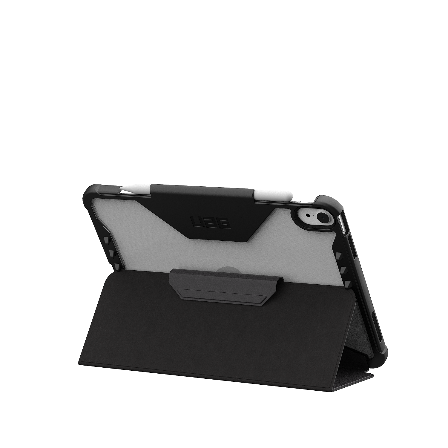Czarny tablet ze uchwytem na rysik i podstawką w orientacji poziomej na białym tle.