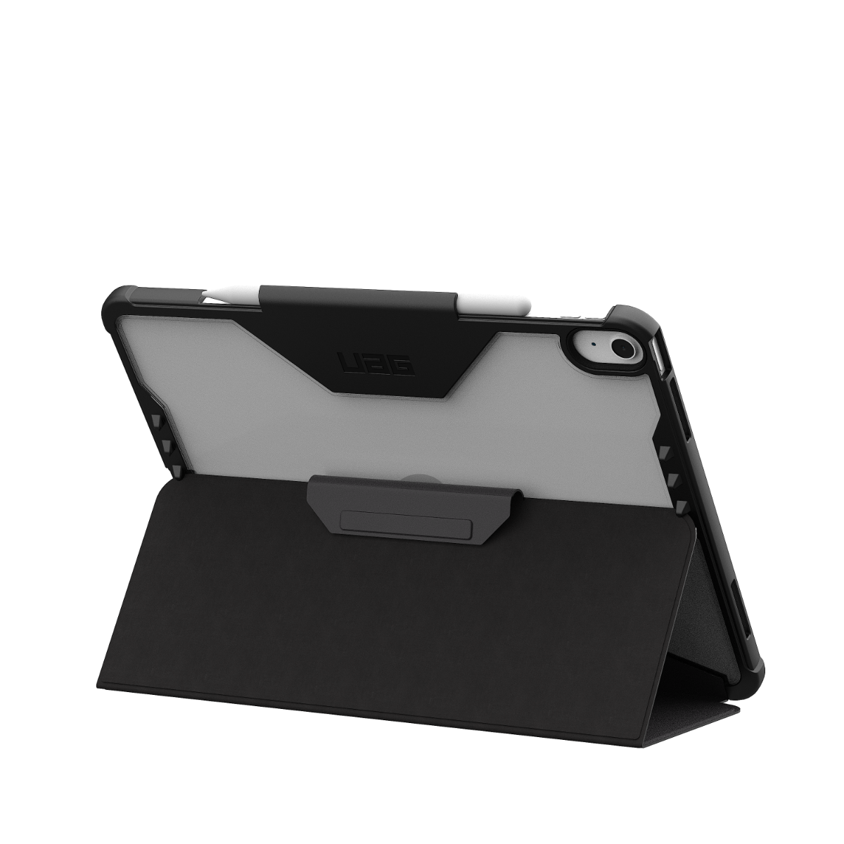 Czarny tablet z uchwytem na rysik i podstawką, biały rysik.