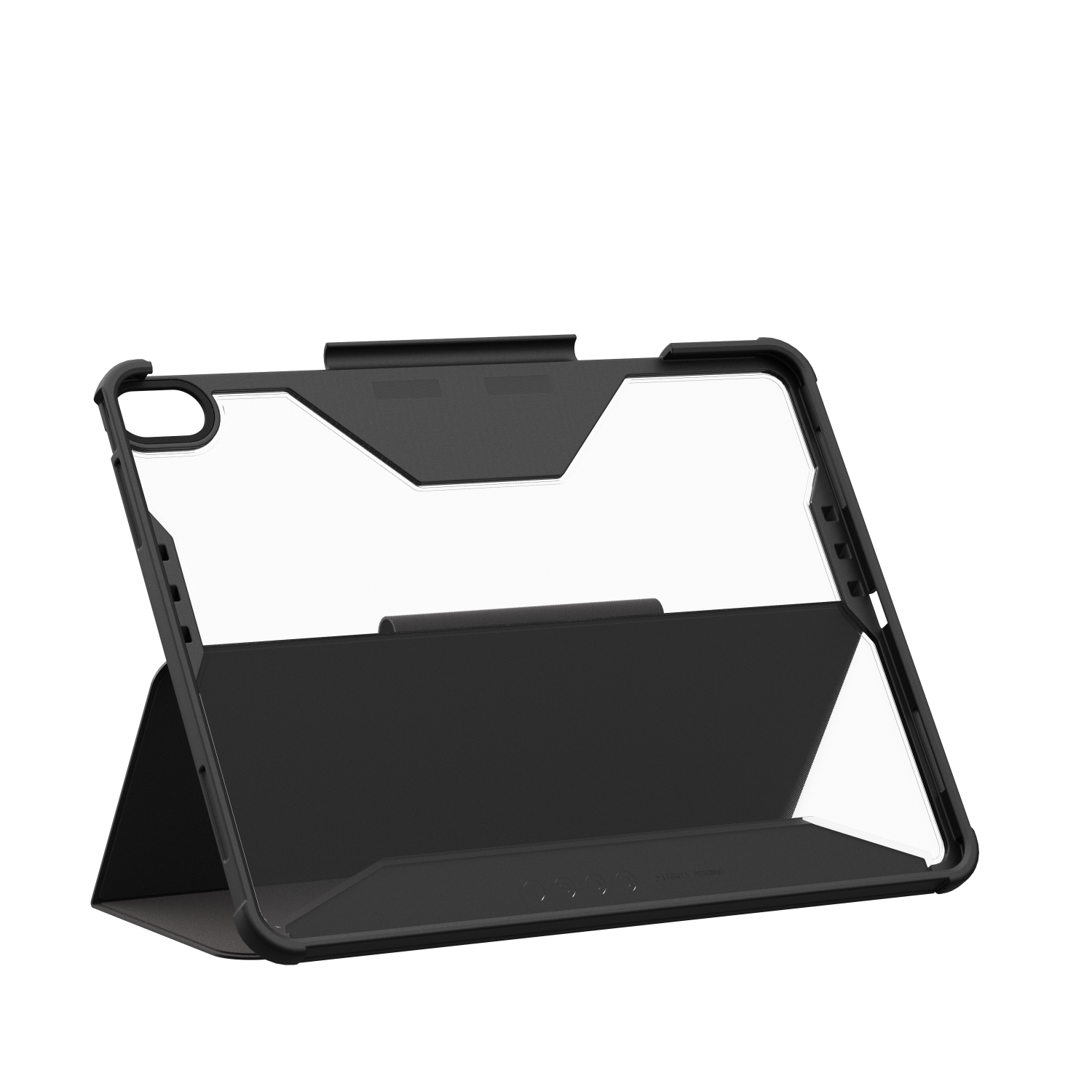 Czarna obudowa na tablet z przezroczystym tyłem, na białym tle.