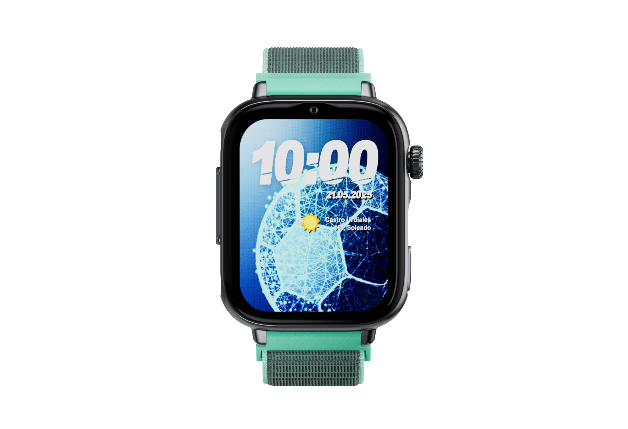 Uno smartwatch verde mostra le 10:00 su un quadrante a tema calcistico.