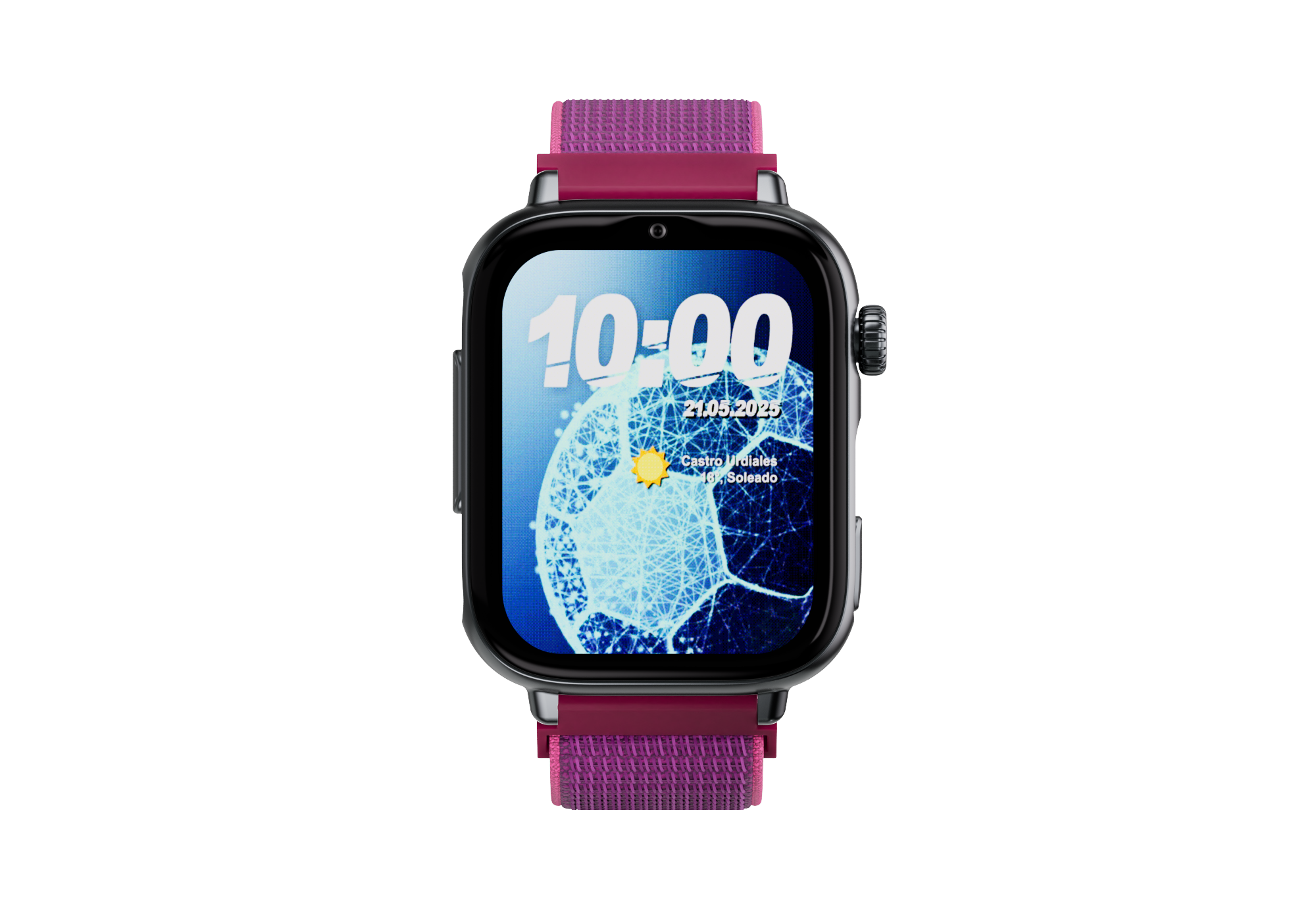 Uno smartwatch mostra 10:00, 21.05.2025, Castro Urdiales, 16°, soleggiato, con pallone da calcio.