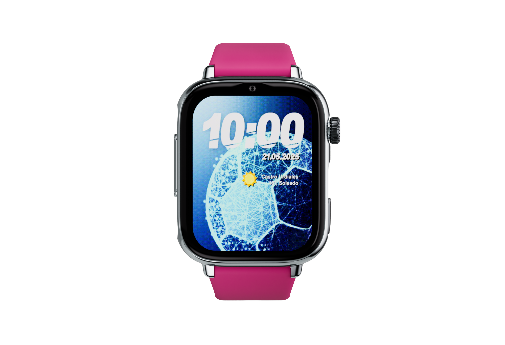 Un reloj inteligente con correa rosa muestra las 10:00, 21.05.2025, sol.