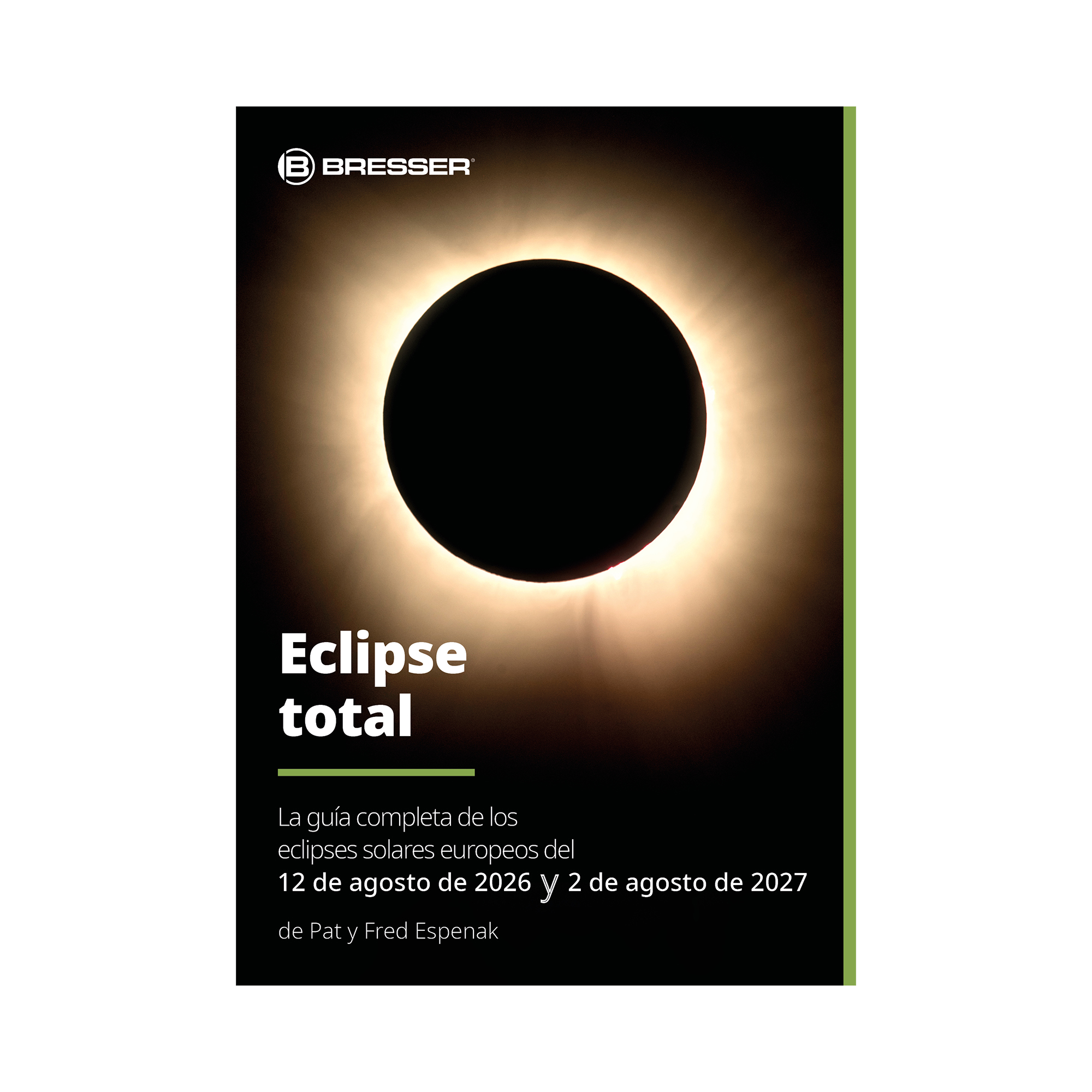 Una portada de eclipse solar total con el logo de Bresser y texto.
