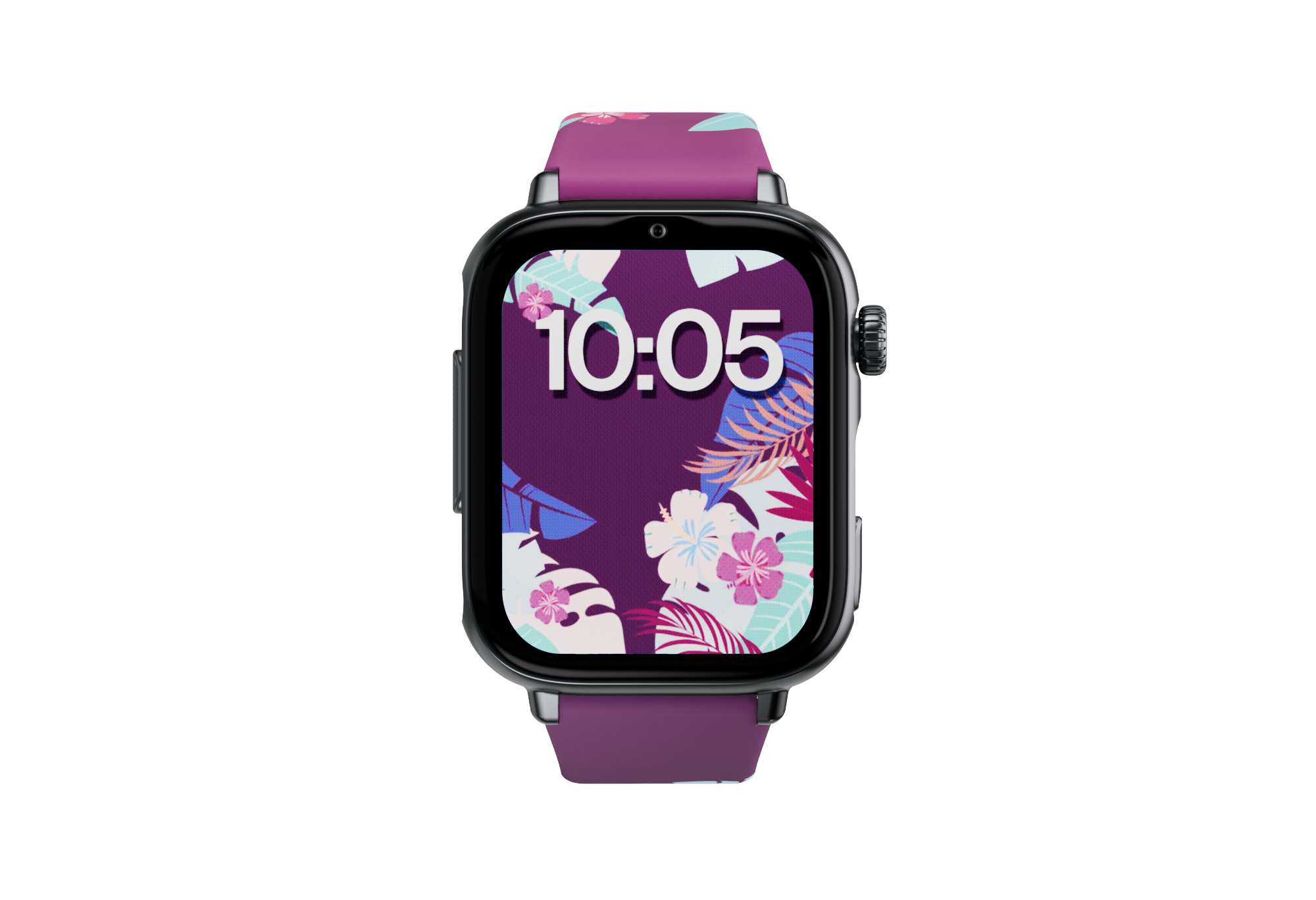 Uno smartwatch con cinturino viola e quadrante tropicale mostra le 10:05.