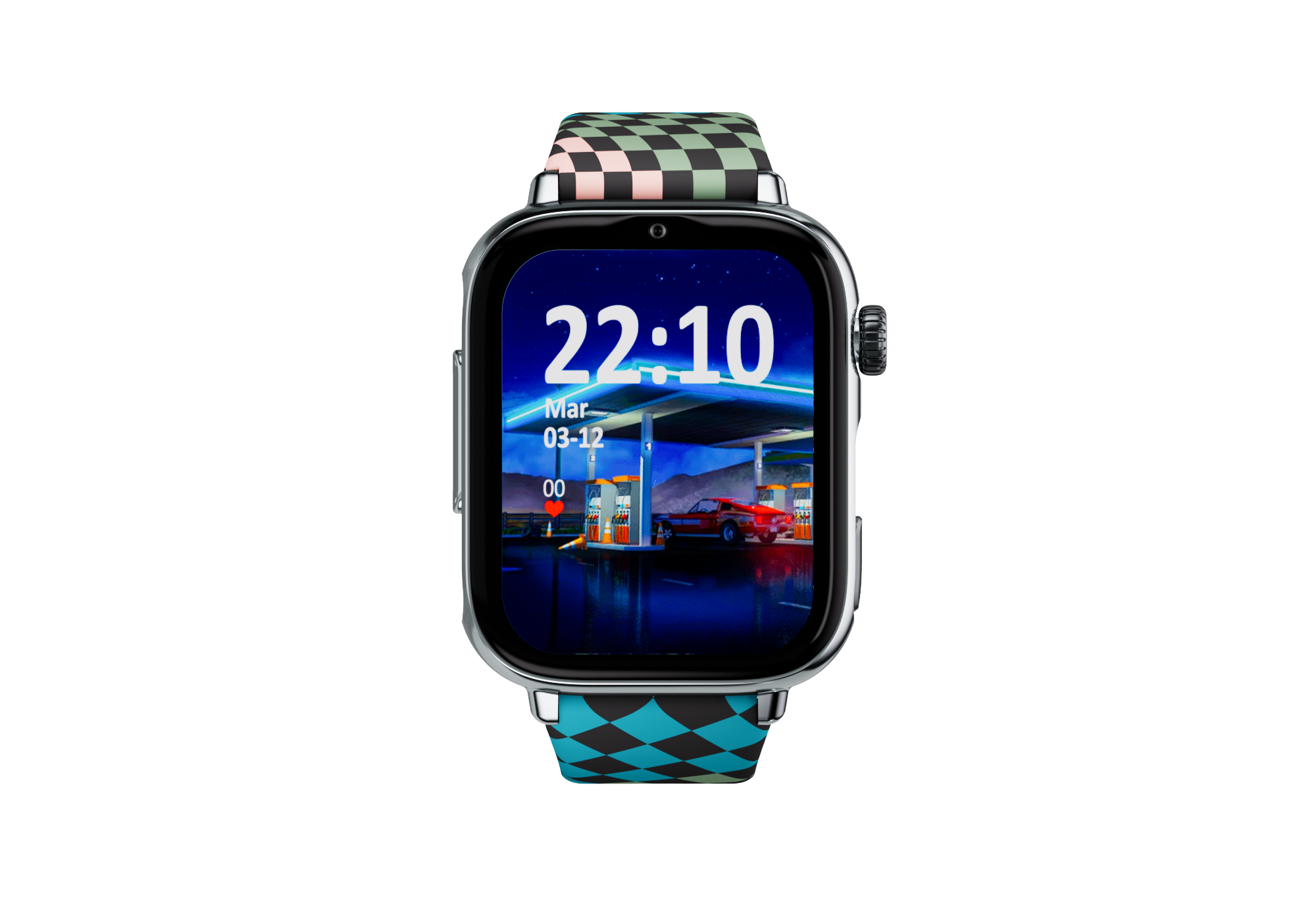 Smartwatch con banda a cuadros. La pantalla muestra una gasolinera de noche con un coche rojo.