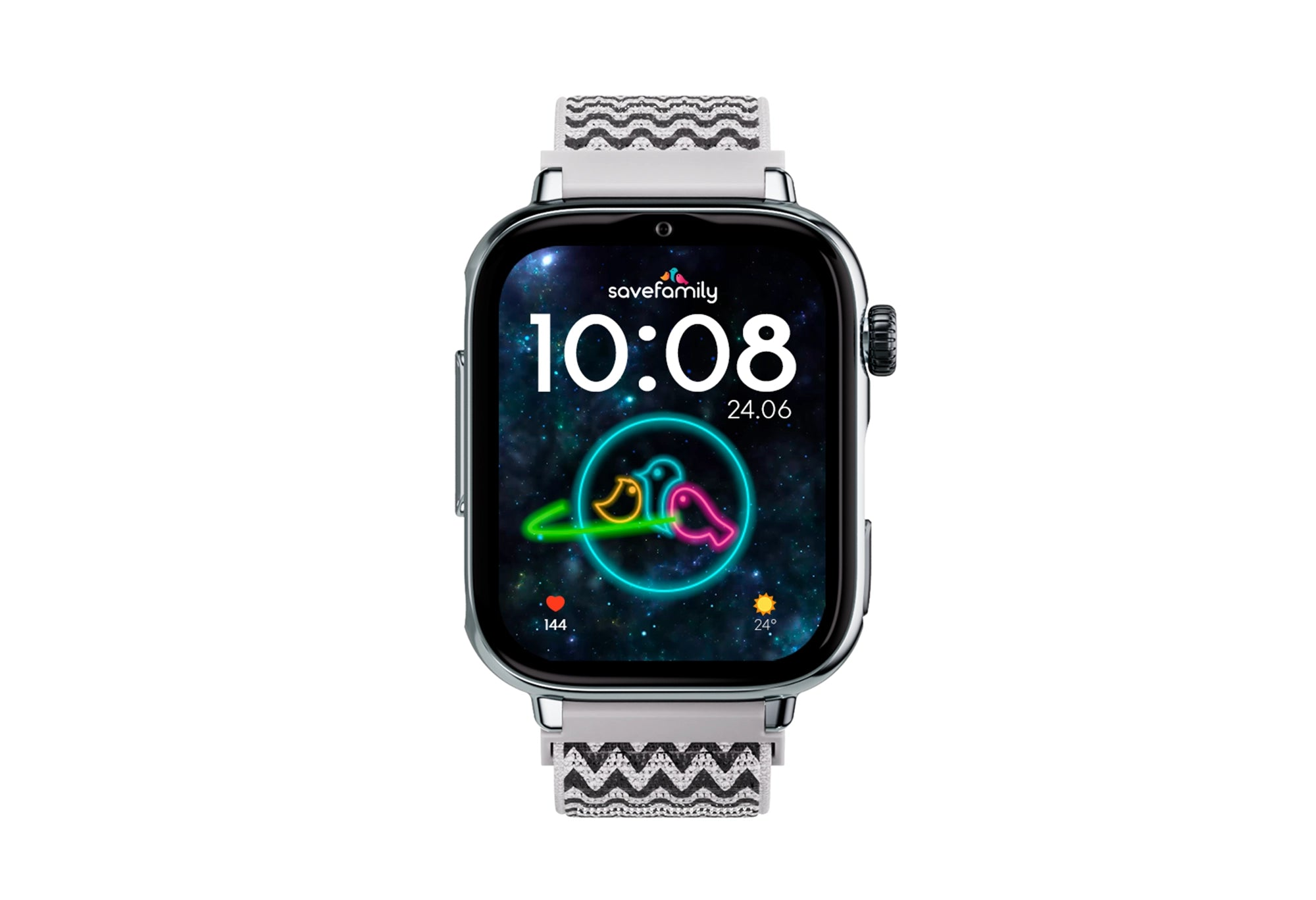 Uno smartwatch digitale con schermo nero che mostra le 10:08.
