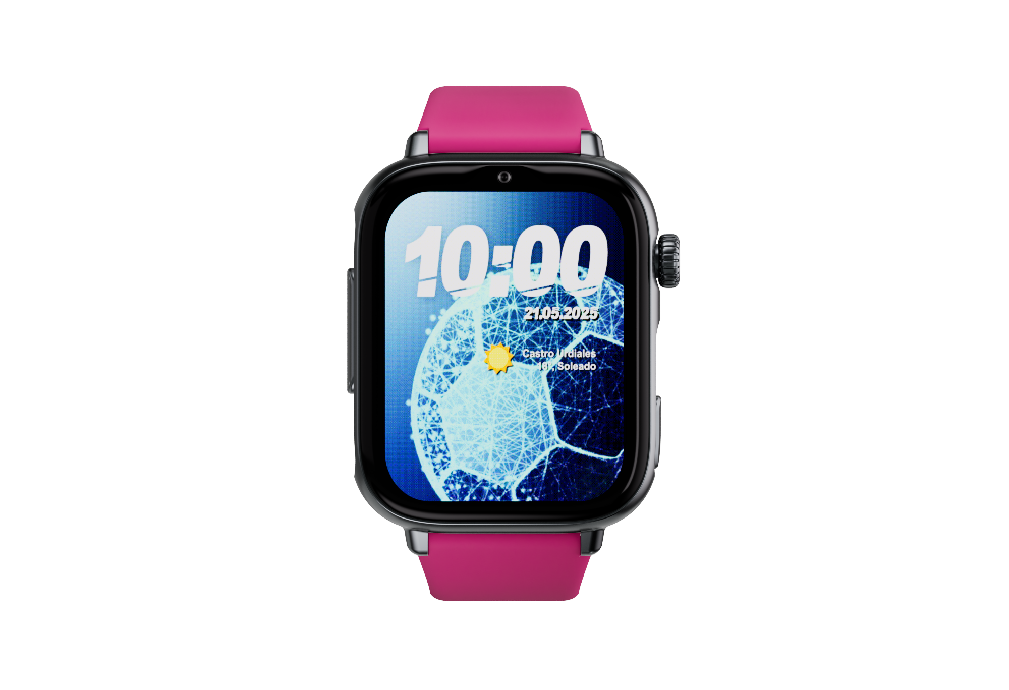 Orologio digitale con cinturino rosa, mostra le 10:00, data e meteo