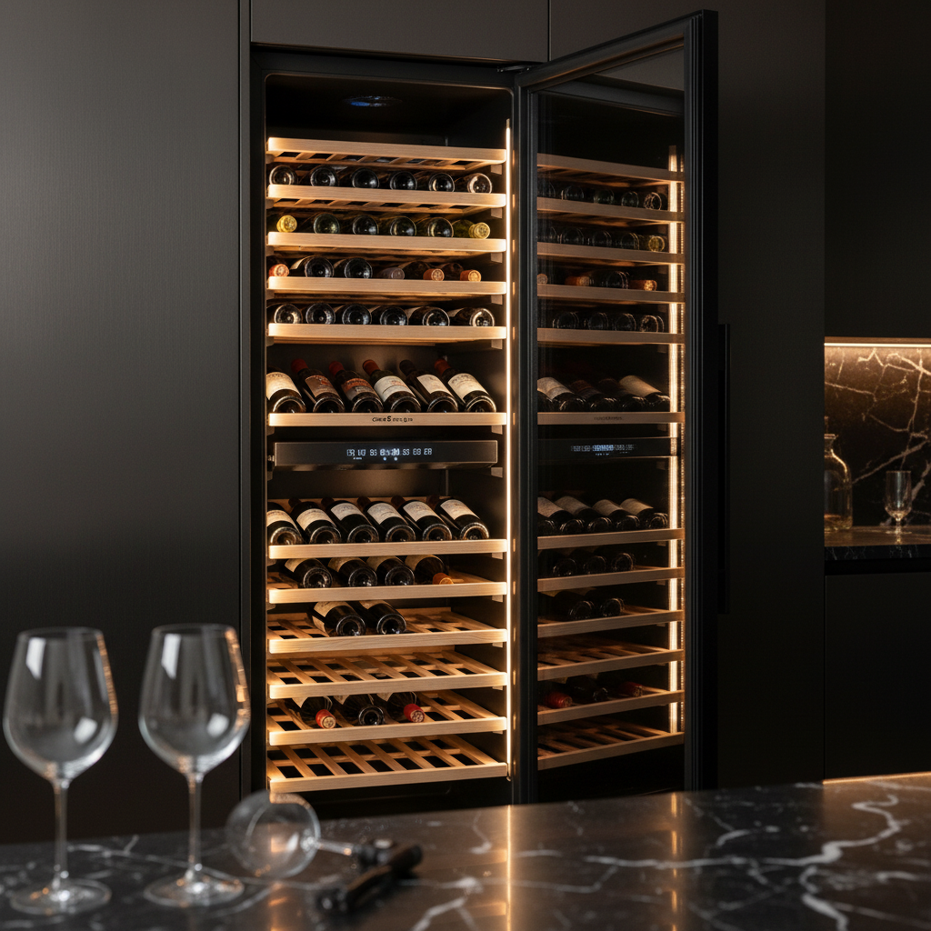 Una vinoteca moderna con estantes de madera, llena de botellas de vino.