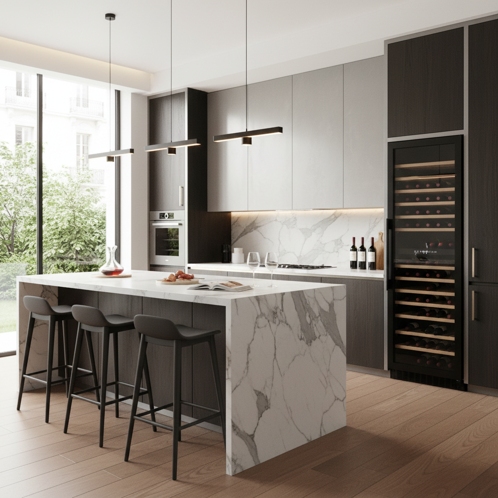 Cocina moderna con isla de mármol, taburetes, vinoteca y gran ventanal.