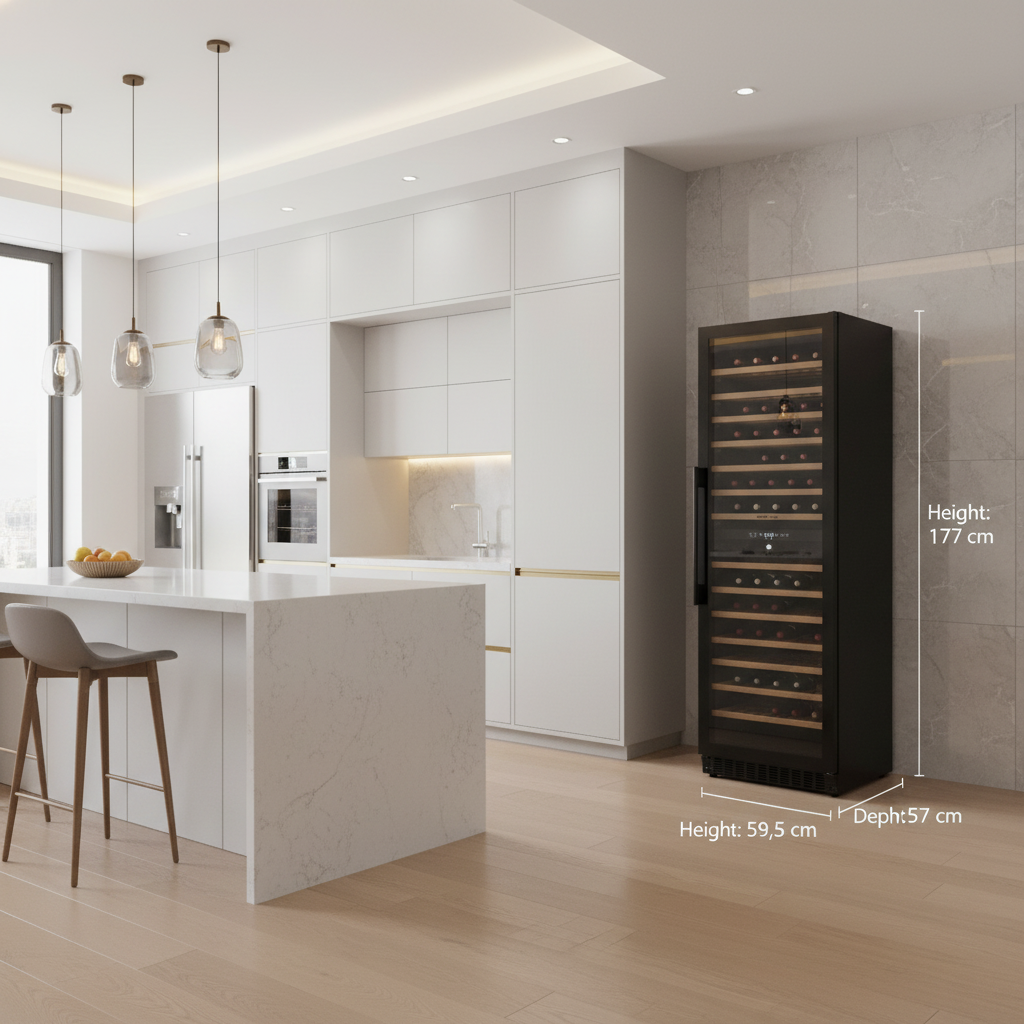 Cocina blanca moderna con vinoteca (177cm alta) e isla.
