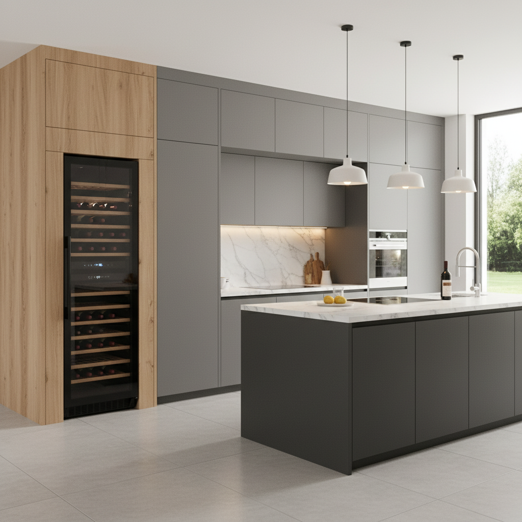 Moderna cocina gris con detalles de madera, vinoteca, isla y salpicadero de mármol.