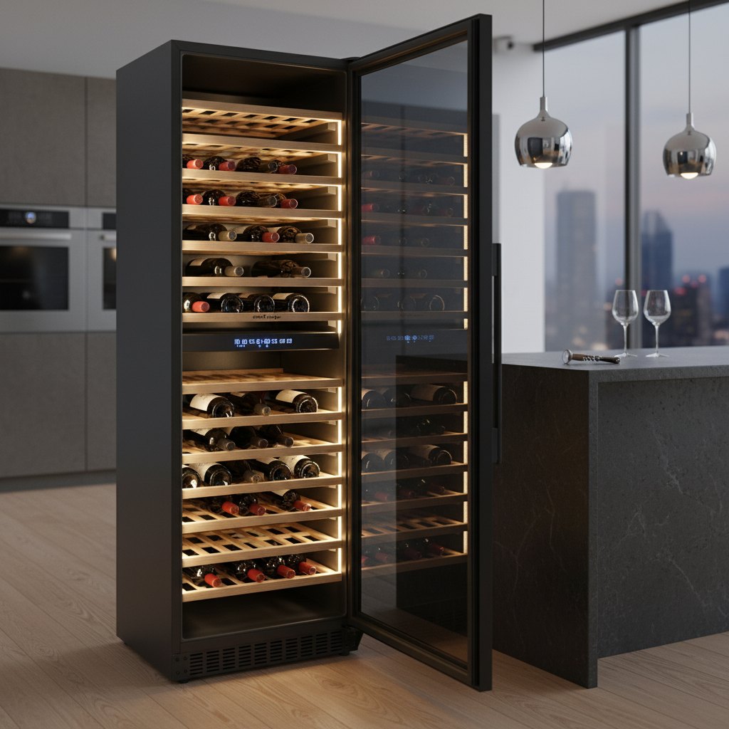 Una moderna vinoteca con puerta de cristal, llena de botellas de vino y estantes iluminados.