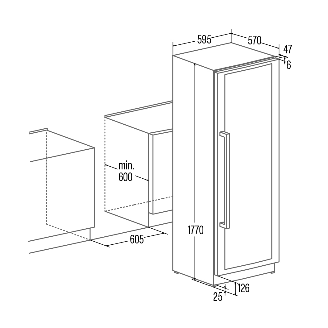 Dibujo técnico de un refrigerador con dimensiones y requisitos de instalación.