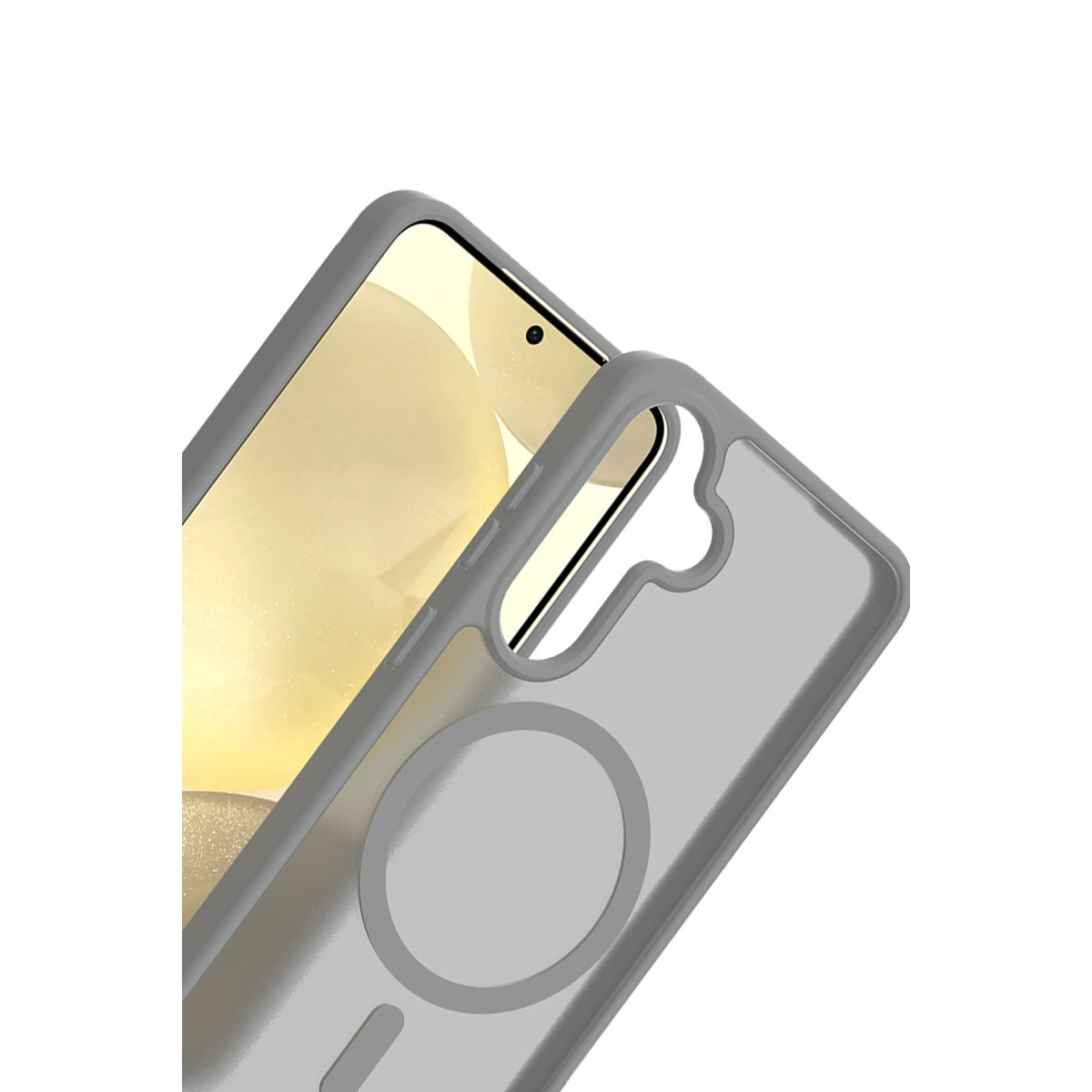 Beyaz arka plan üzerinde daire ve çizgi tasarımlı gri telefon kılıfı.