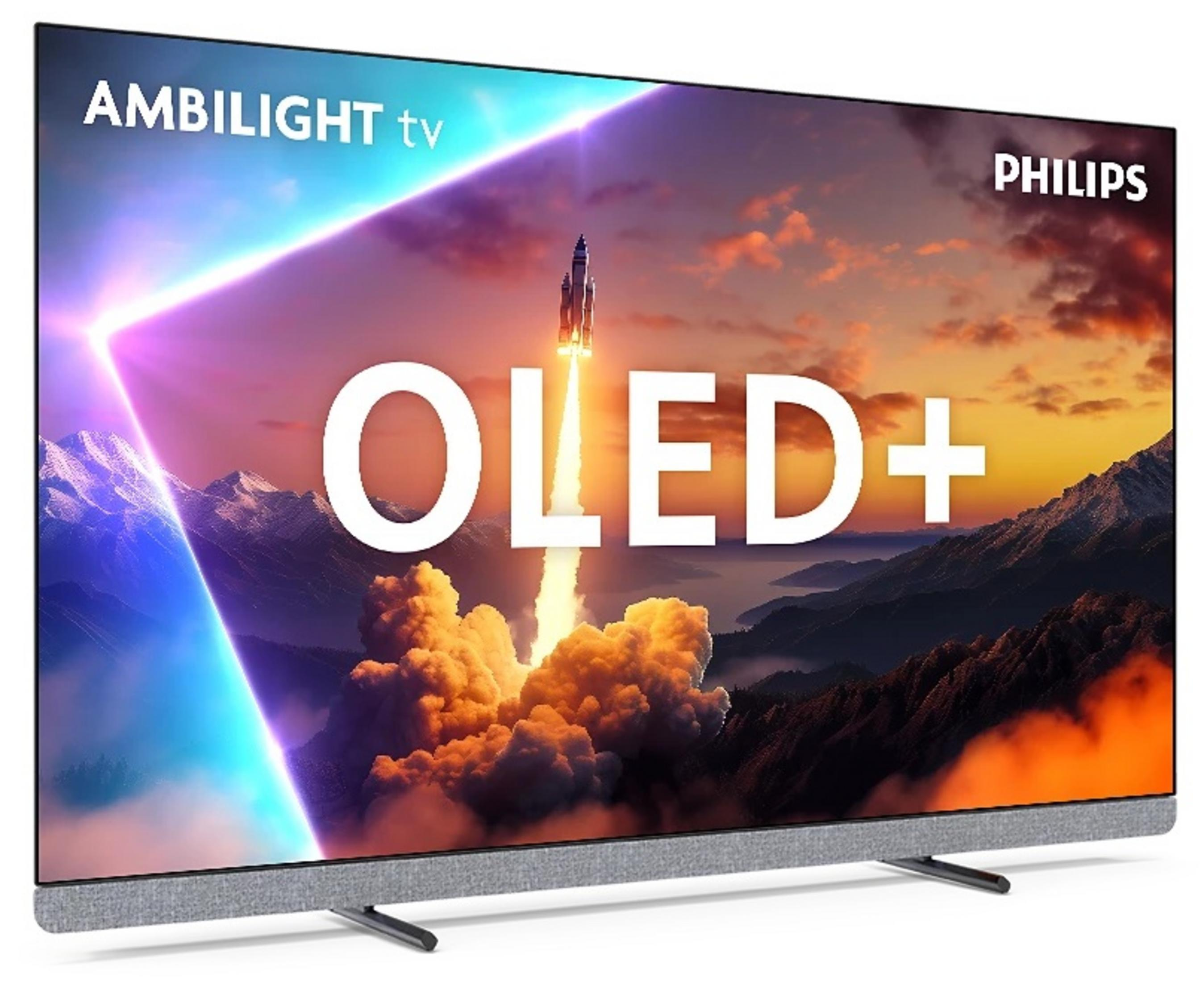 A Philips Ambilight OLED+ TV displays a rocket launching before a mountain landscape.