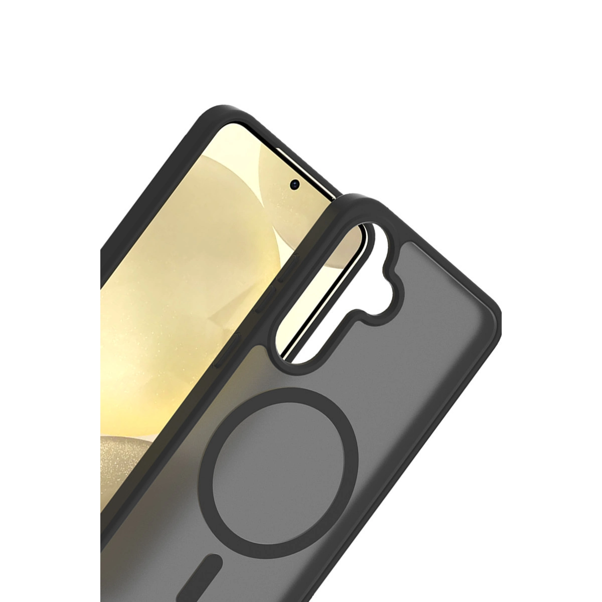 Telefon üzerinde gösterilen, dairesel MagSafe halkalı siyah telefon kılıfı.