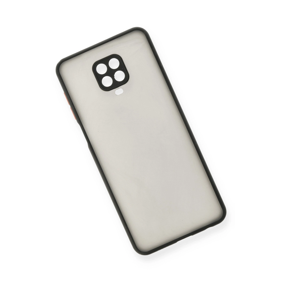 Siyah kenarlı, kare kamera oyuntulu gri telefon kılıfı.