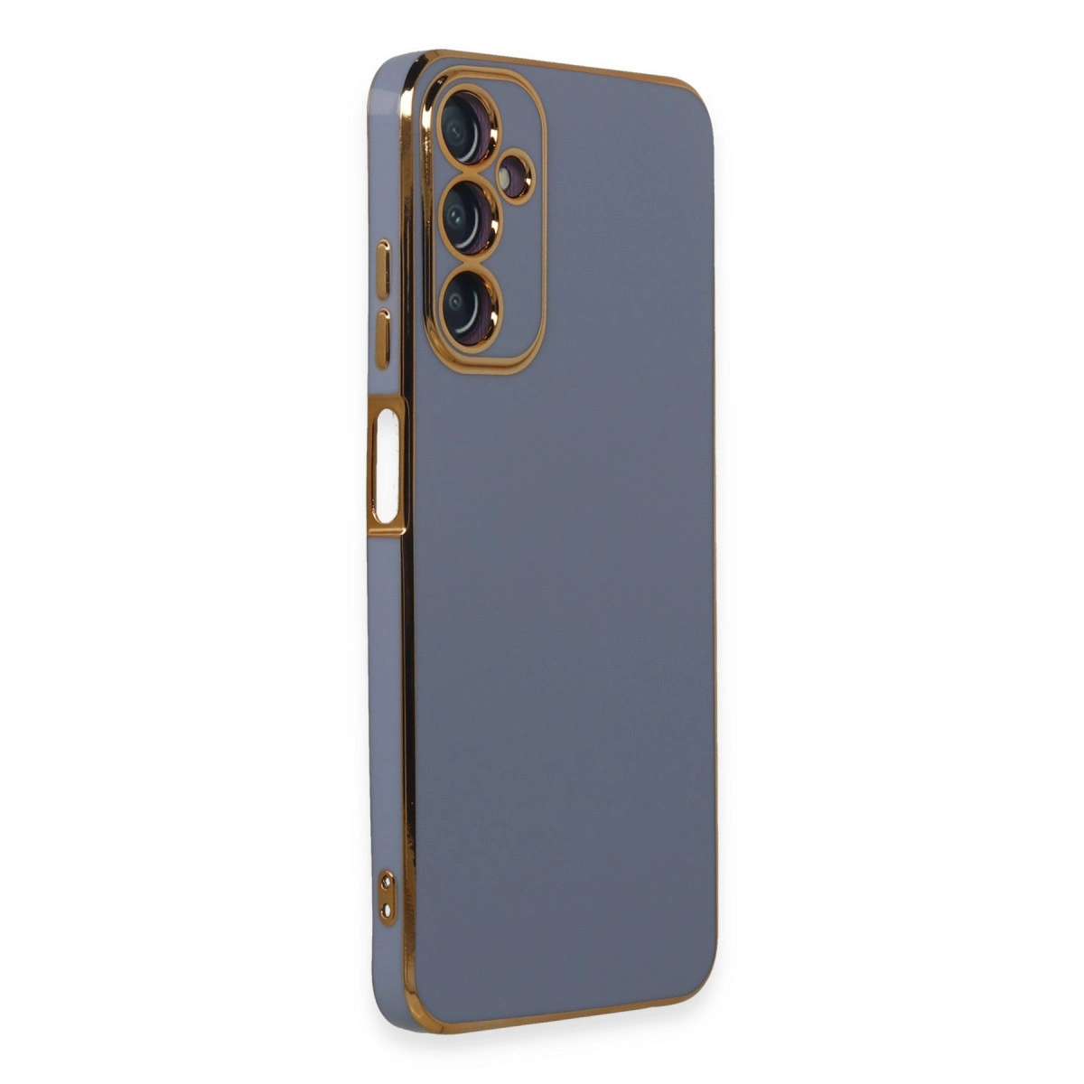 Altın çerçeveli ve üç kamera lensli gri telefon kılıfı.