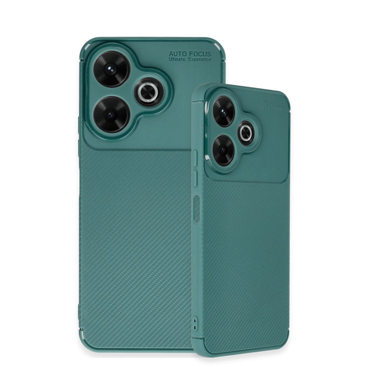 Kamera sistemli ve karbon fiber desenli arka yüzlü iki yeşil telefon kılıfı.