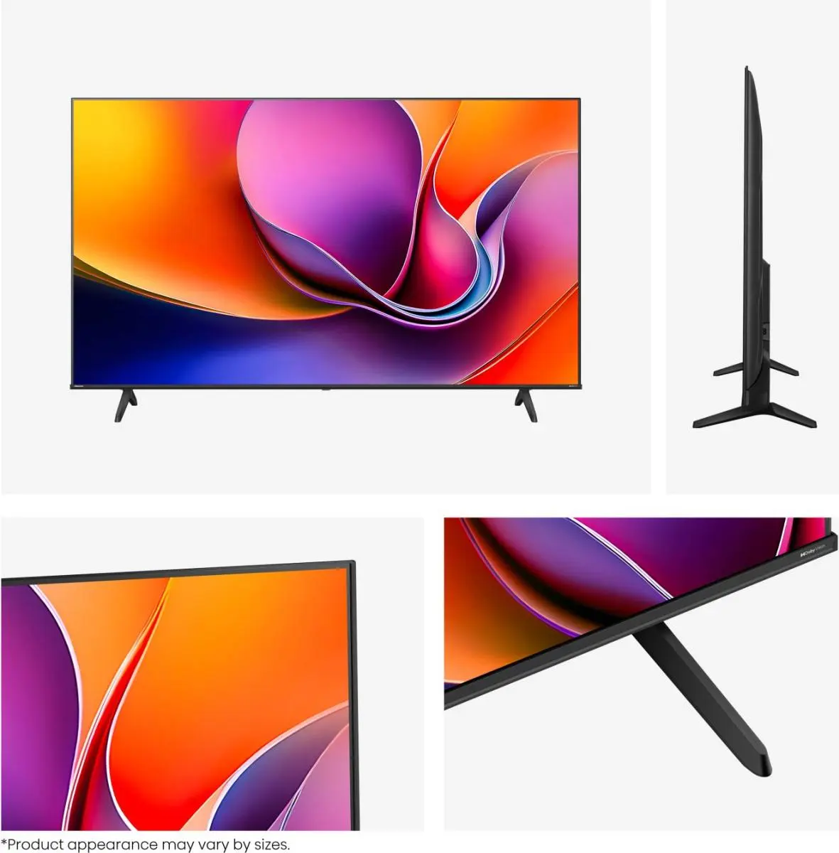 Una TV moderna con uno sfondo astratto e colorato. Viste laterali e di dettaglio.