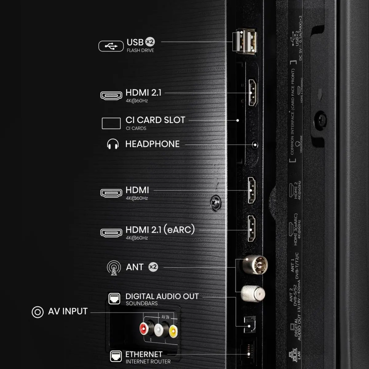Pannello di connessione TV con porte HDMI, USB, antenna ed Ethernet.