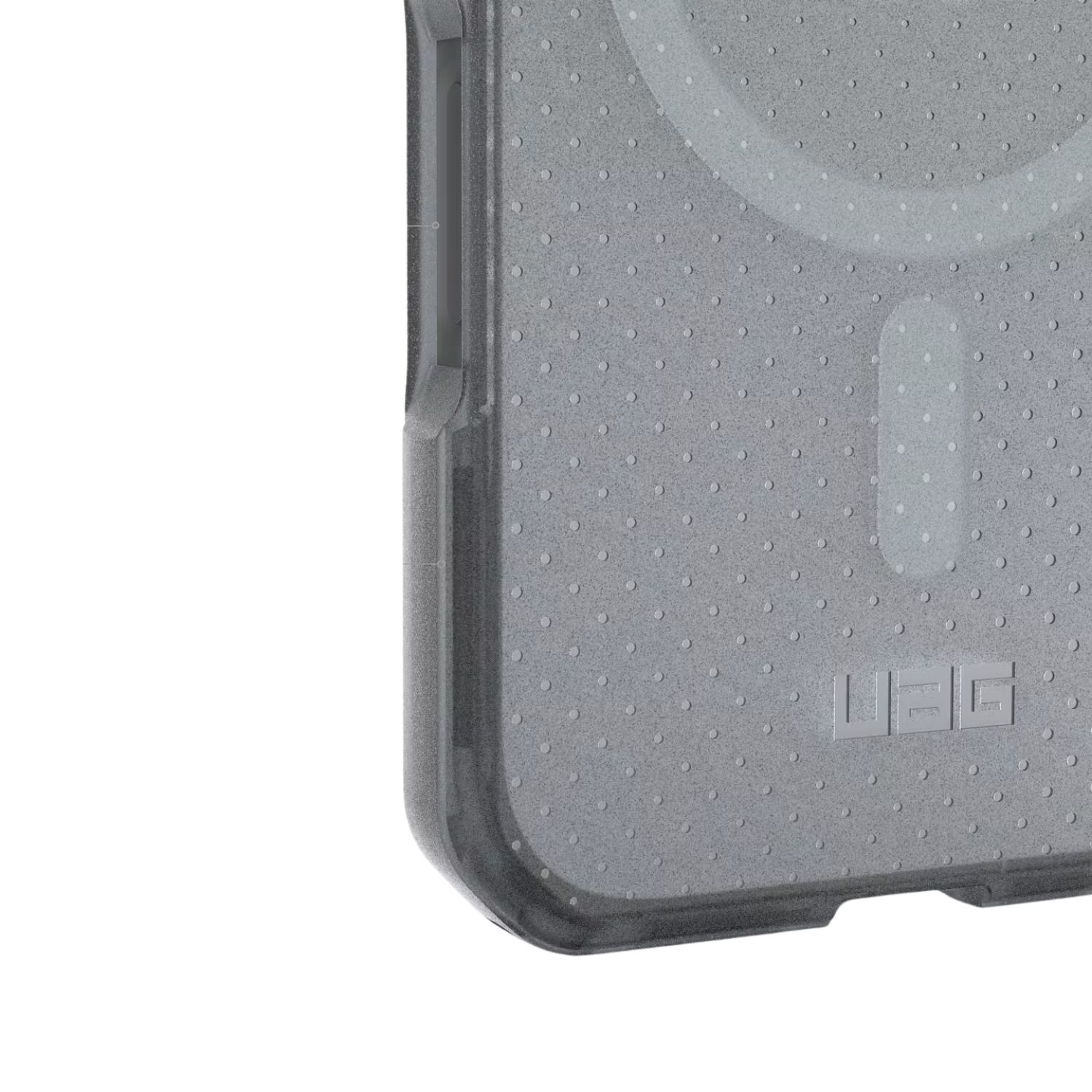 Szara obudowa na telefon z wzorem w kropki i logo UAG. Białe tło.