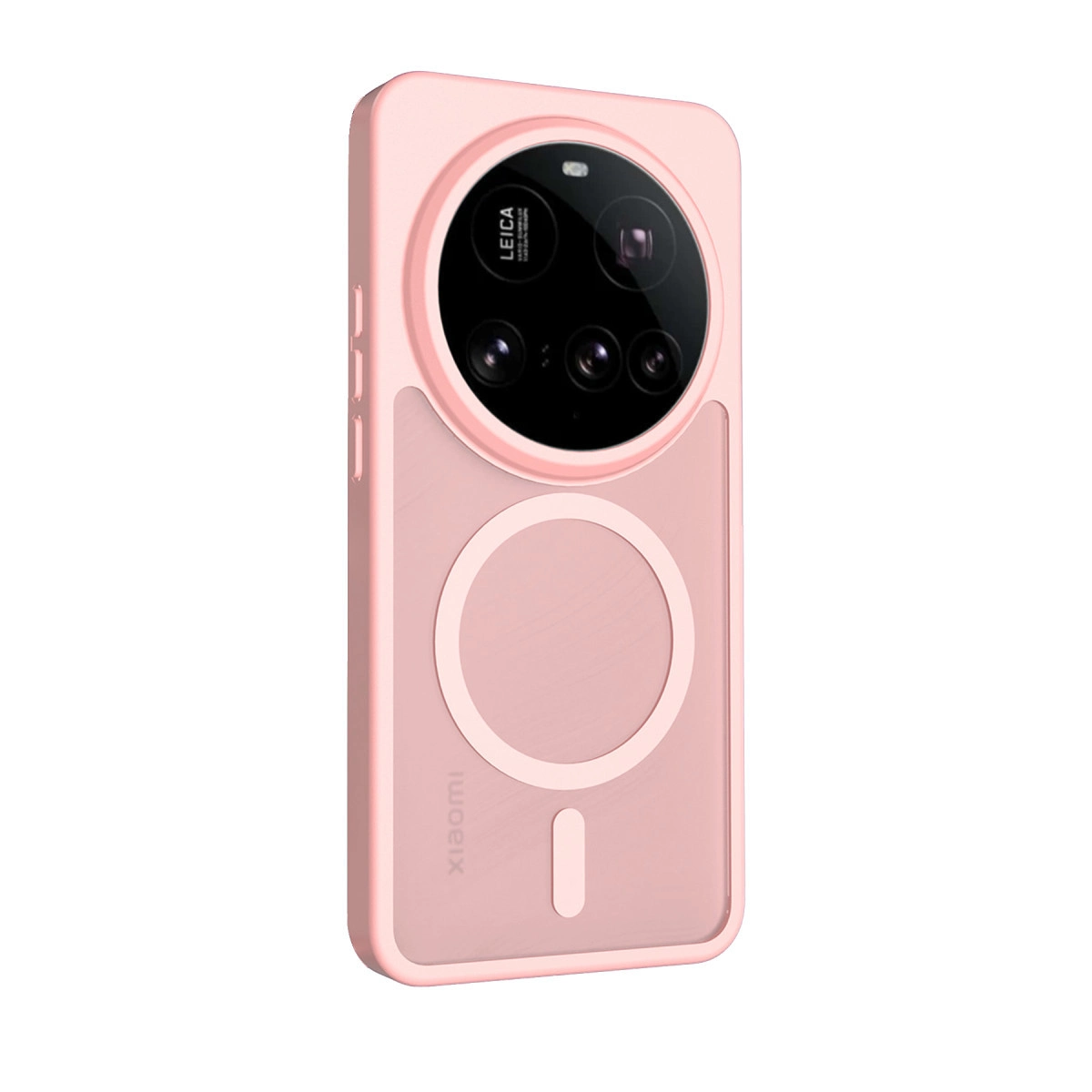 Yuvarlak manyetik halkalı ve kamera modüllü pembe telefon kılıfı.