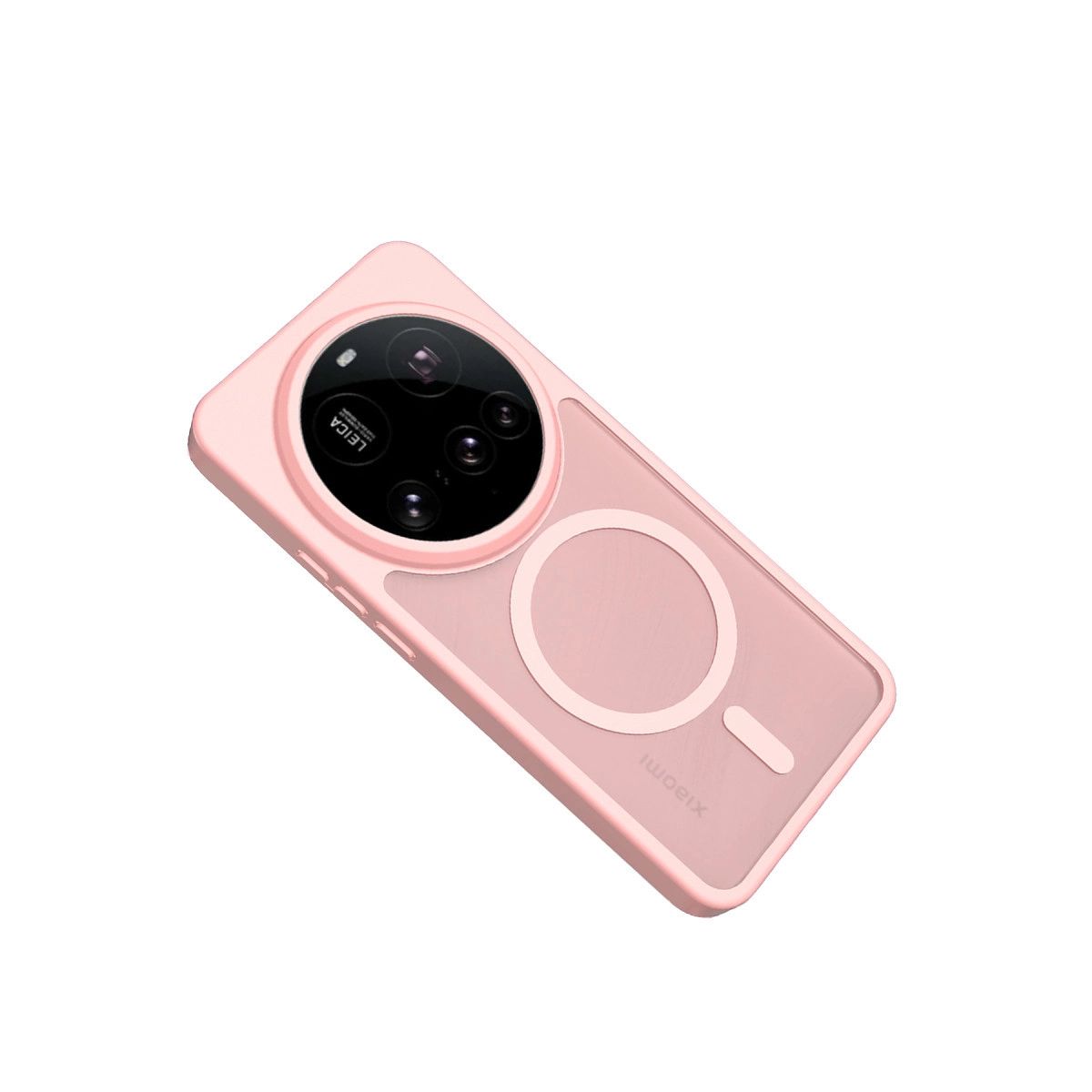 Üç lensli dairesel kamera modülüne sahip pembe telefon kılıfı.