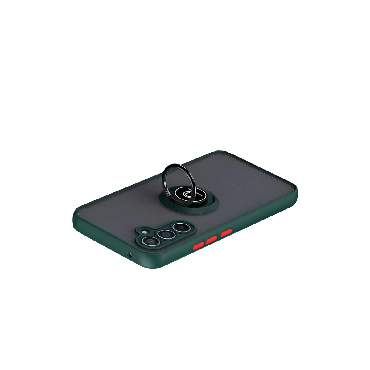 Beyaz arka plan üzerinde gümüş halka tutuculu koyu yeşil telefon kılıfı.