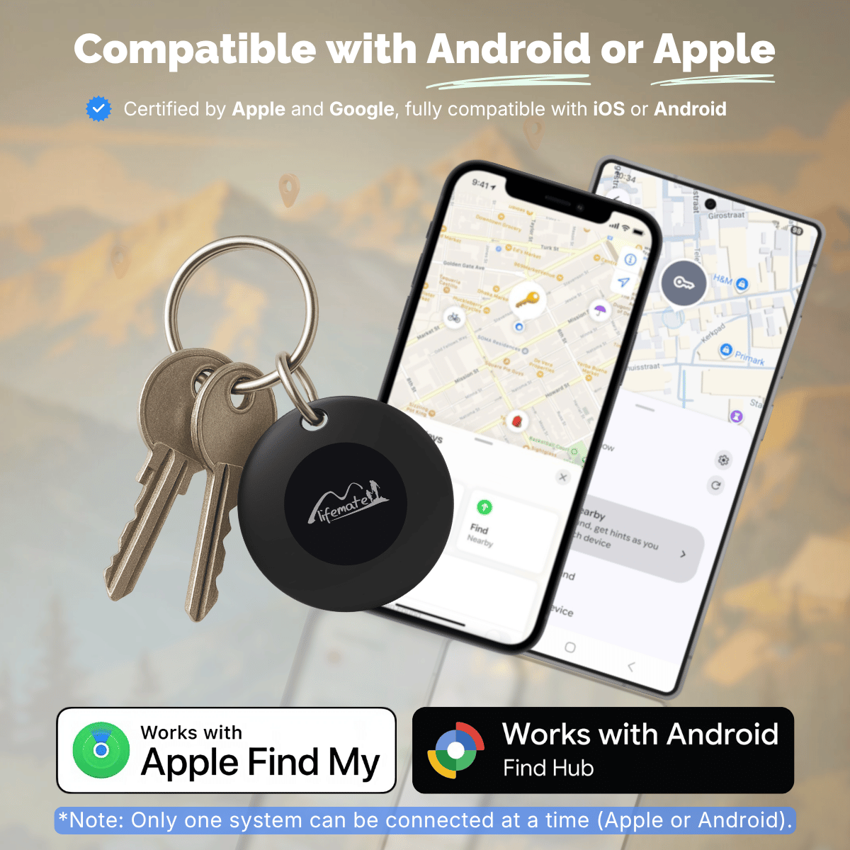 Black Lifemate tracker on keys, displaying maps on Android & Apple phones.