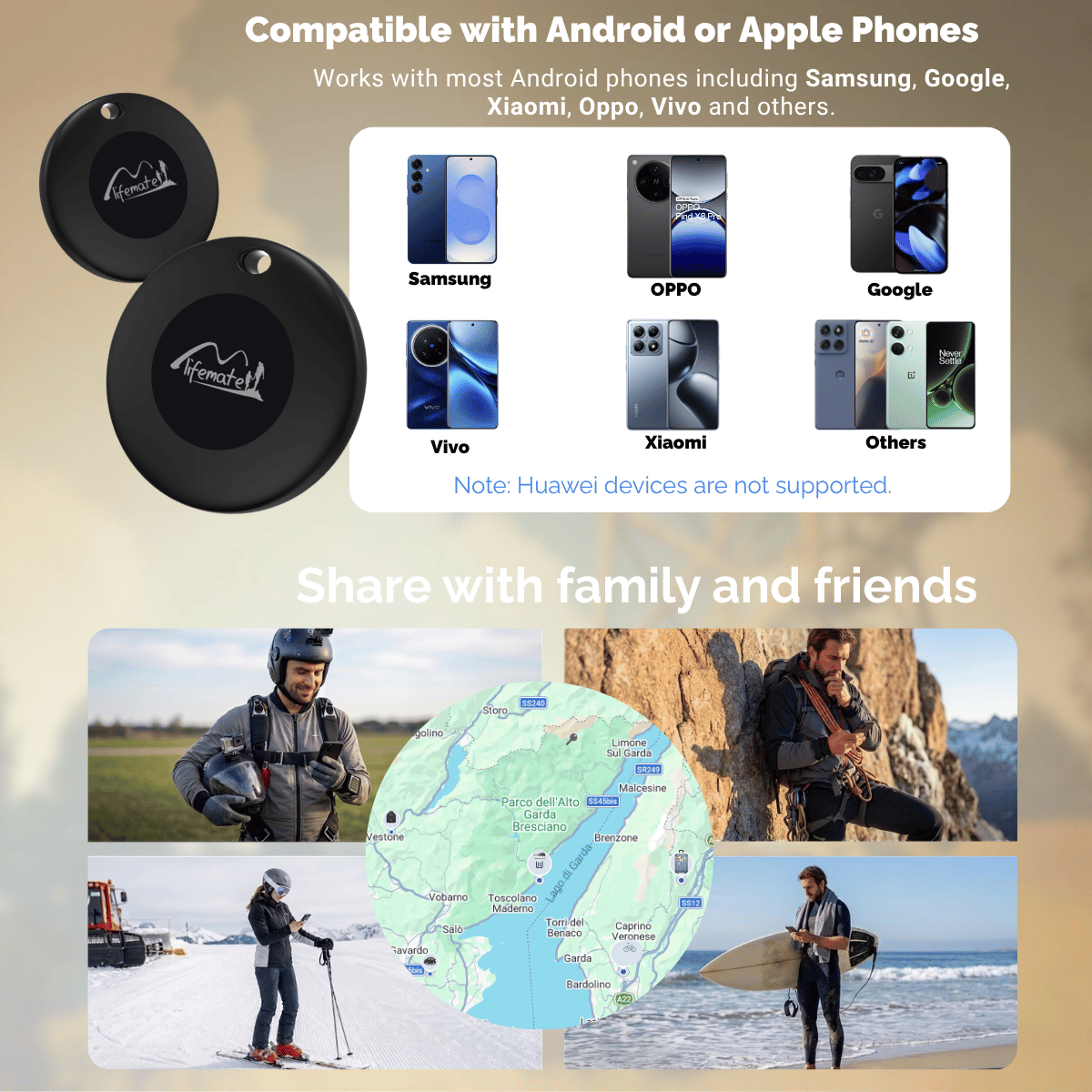 Two black lifemate trackers, compatible with Android/Apple. Images of phones and activities.
