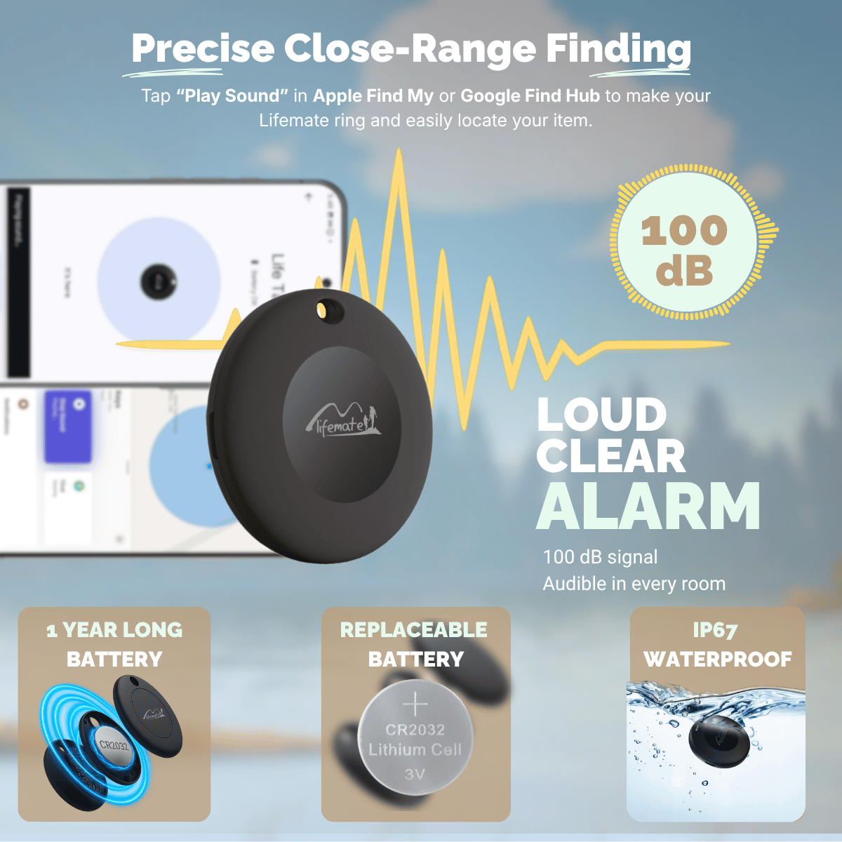 Traceur Lifemate noir avec ondes sonores, deux téléphones et indicateurs de batterie.