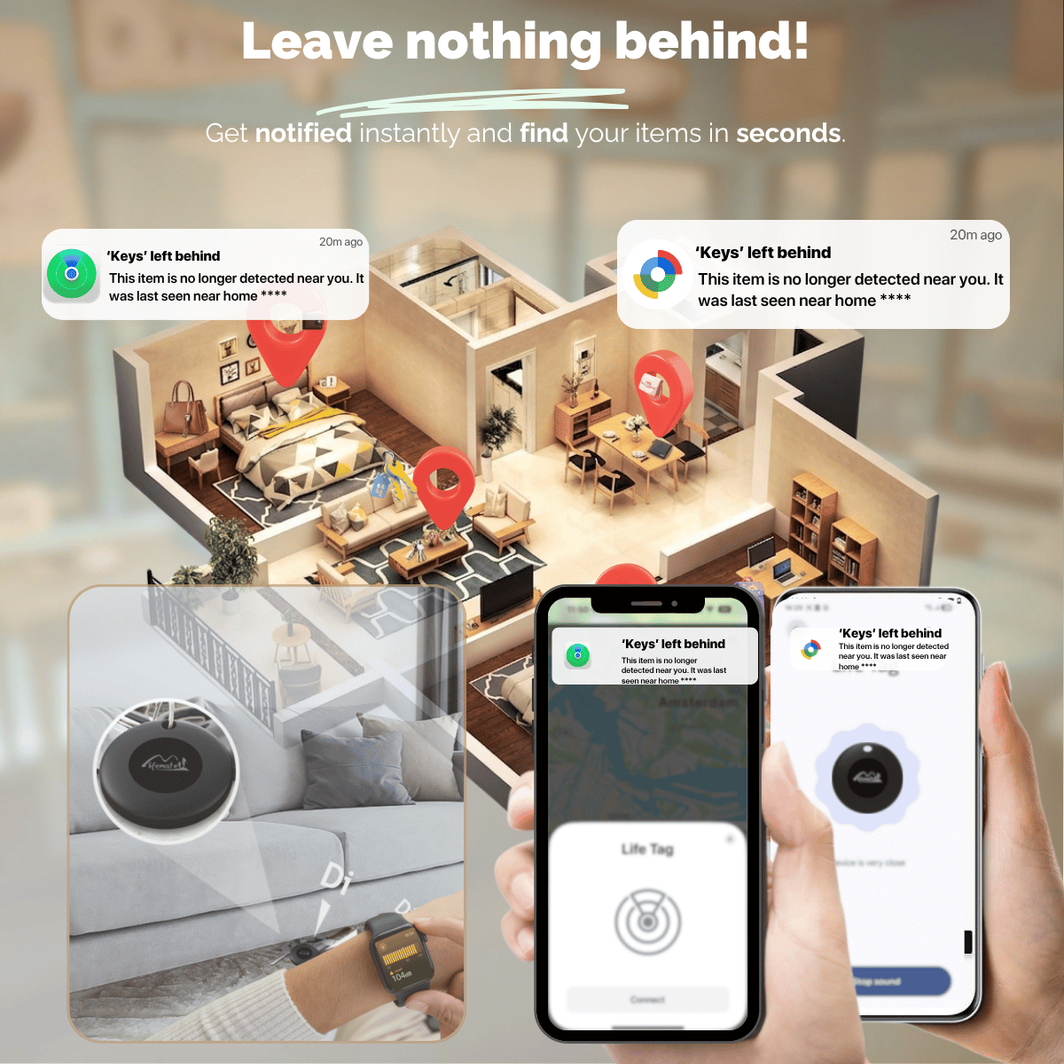 Vue 3D d'une maison avec des marqueurs de localisation, des téléphones et une montre connectée.