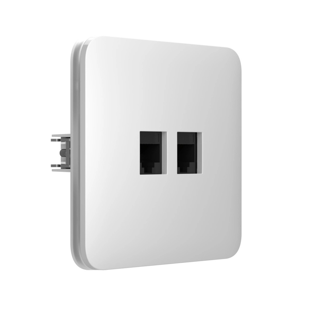 Un dispositivo bianco a parete con due porte ethernet.