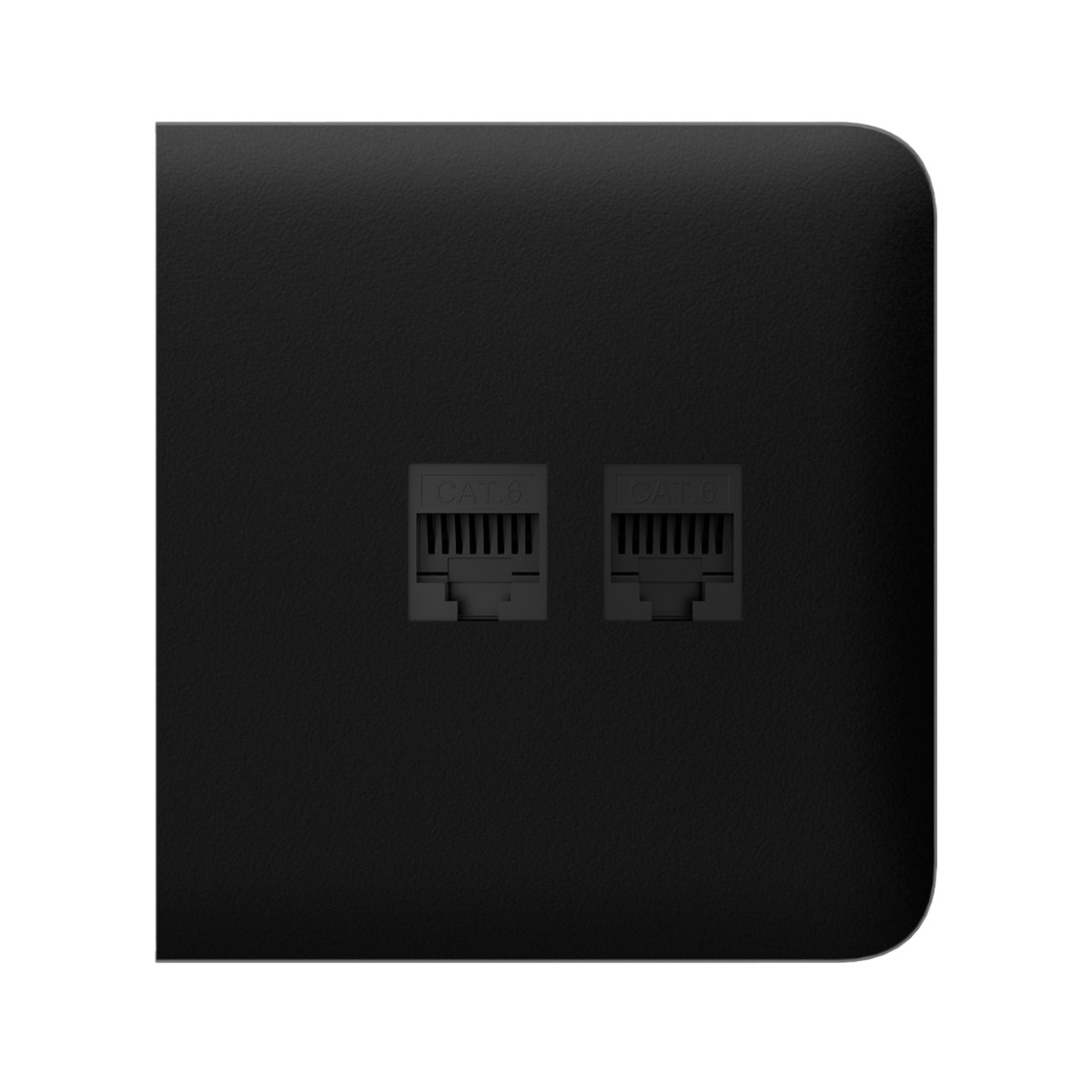 Due porte Ethernet nere CAT 6 su una superficie nera.