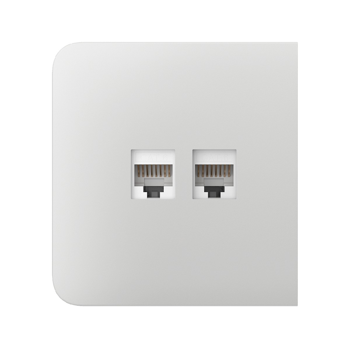 Placca a muro bianca con due porte Ethernet CAT6 affiancate.
