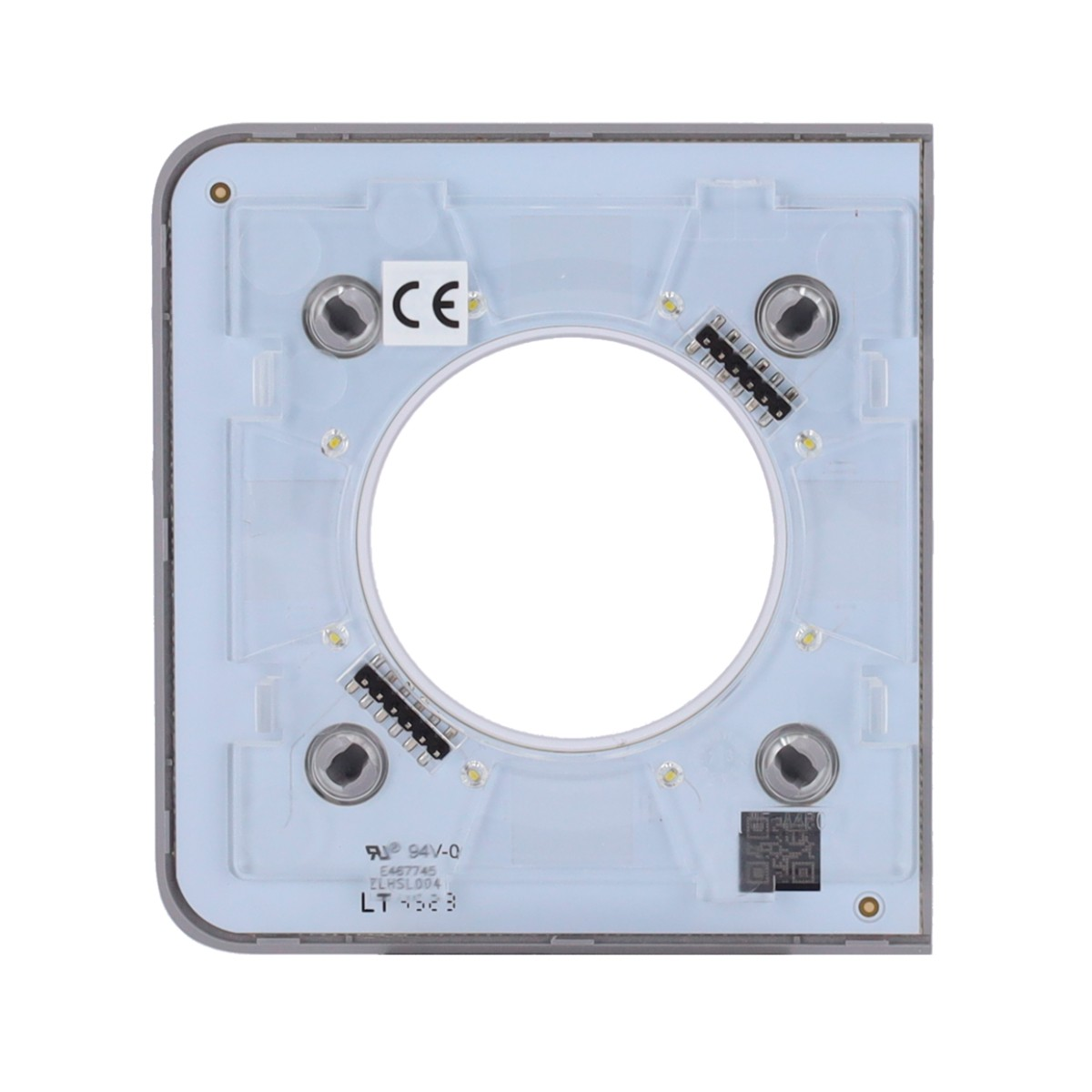 Un modulo LED quadrato bianco con cornice argentata e un ritaglio rotondo al centro.