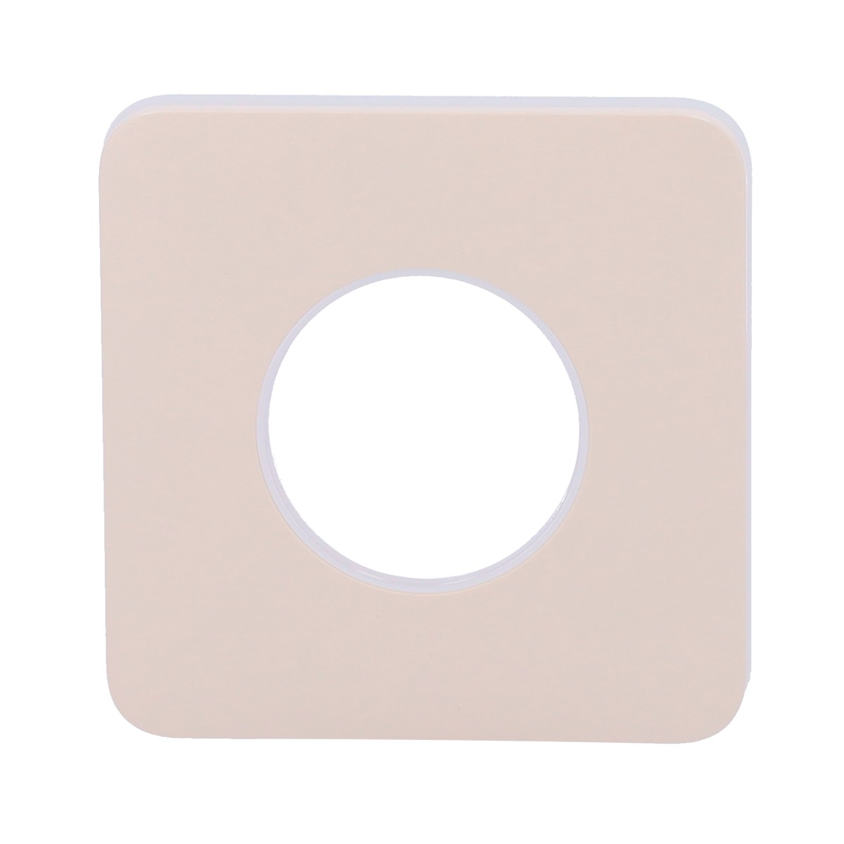 Una placca di finitura quadrata color crema con un ritaglio rotondo al centro.
