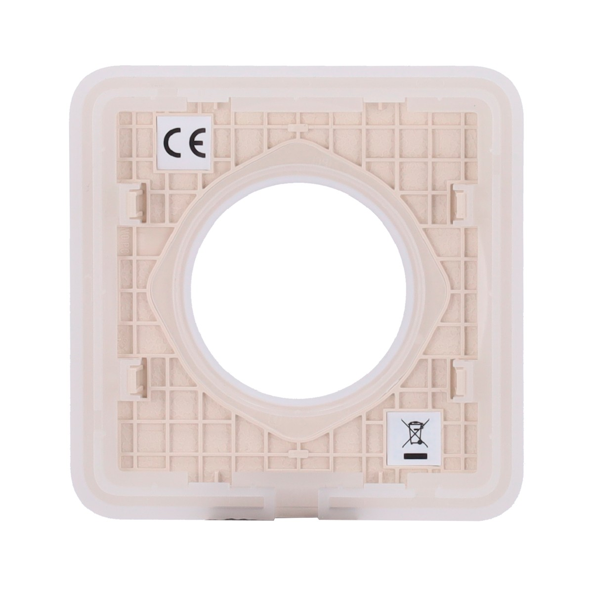 Cornice in plastica beige con cerchio centrale, simboli CE e di smaltimento.