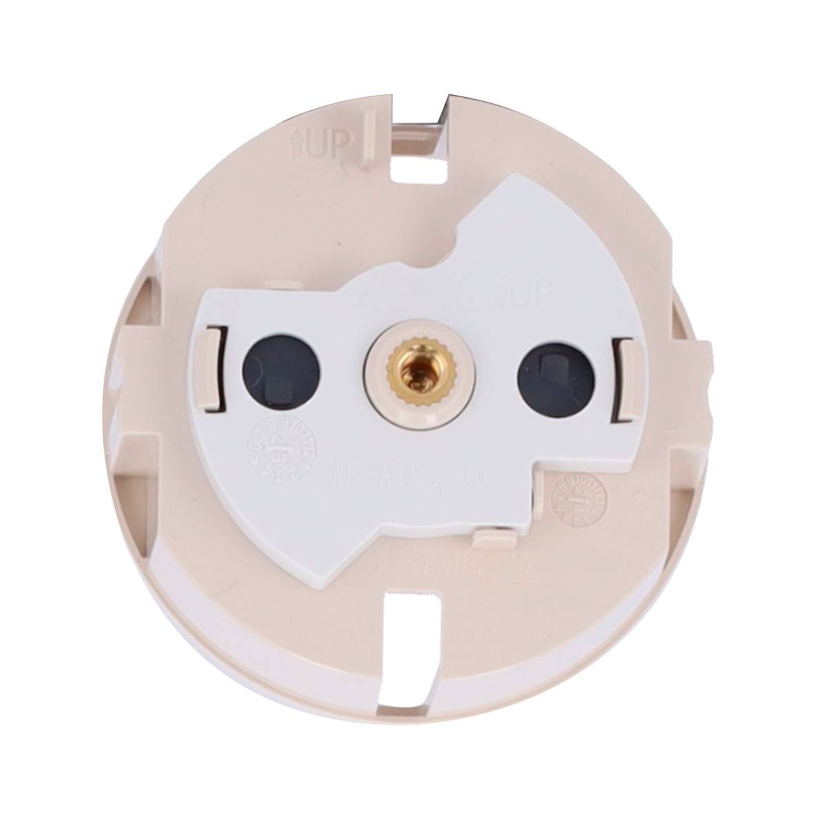 Parte inferiore di una scatola di derivazione elettrica rotonda e beige con due fori neri e un connettore in ottone.