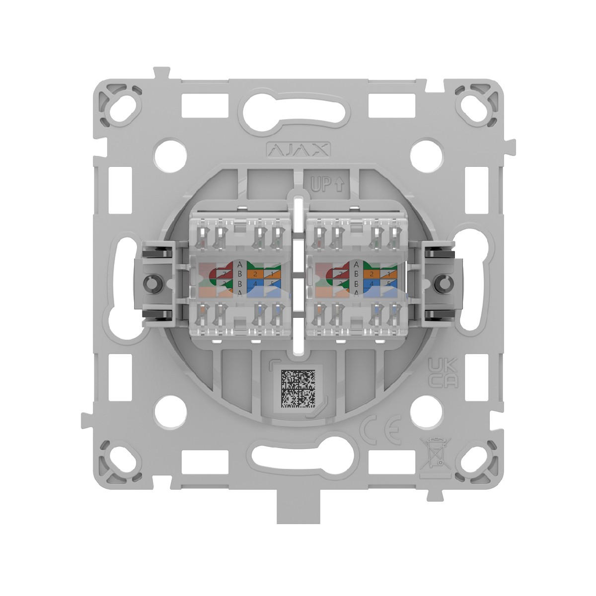 Una placca di rete grigia con due prese RJ45 e fili colorati.