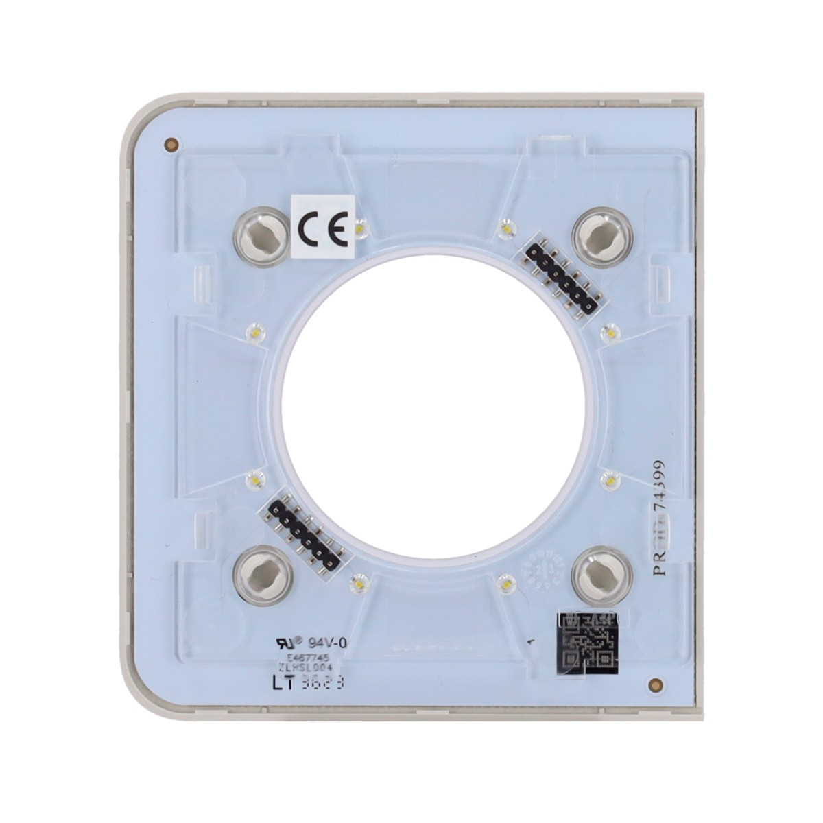 Circuito stampato bianco con cerchio centrale, marchio CE e LED.